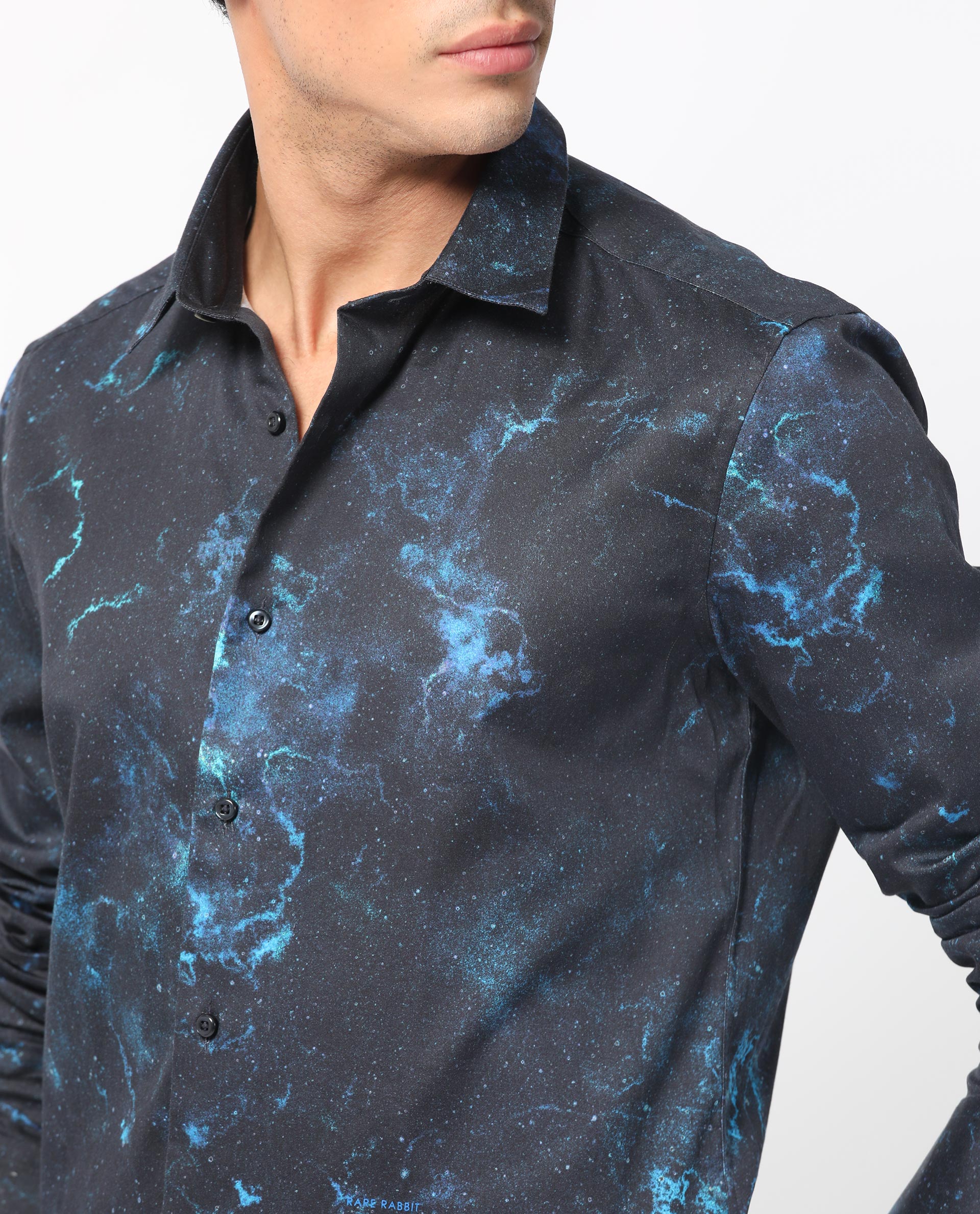 Rare Rabbit Men's Galaxx Navy Abstract Print Full Sleeves Shirt