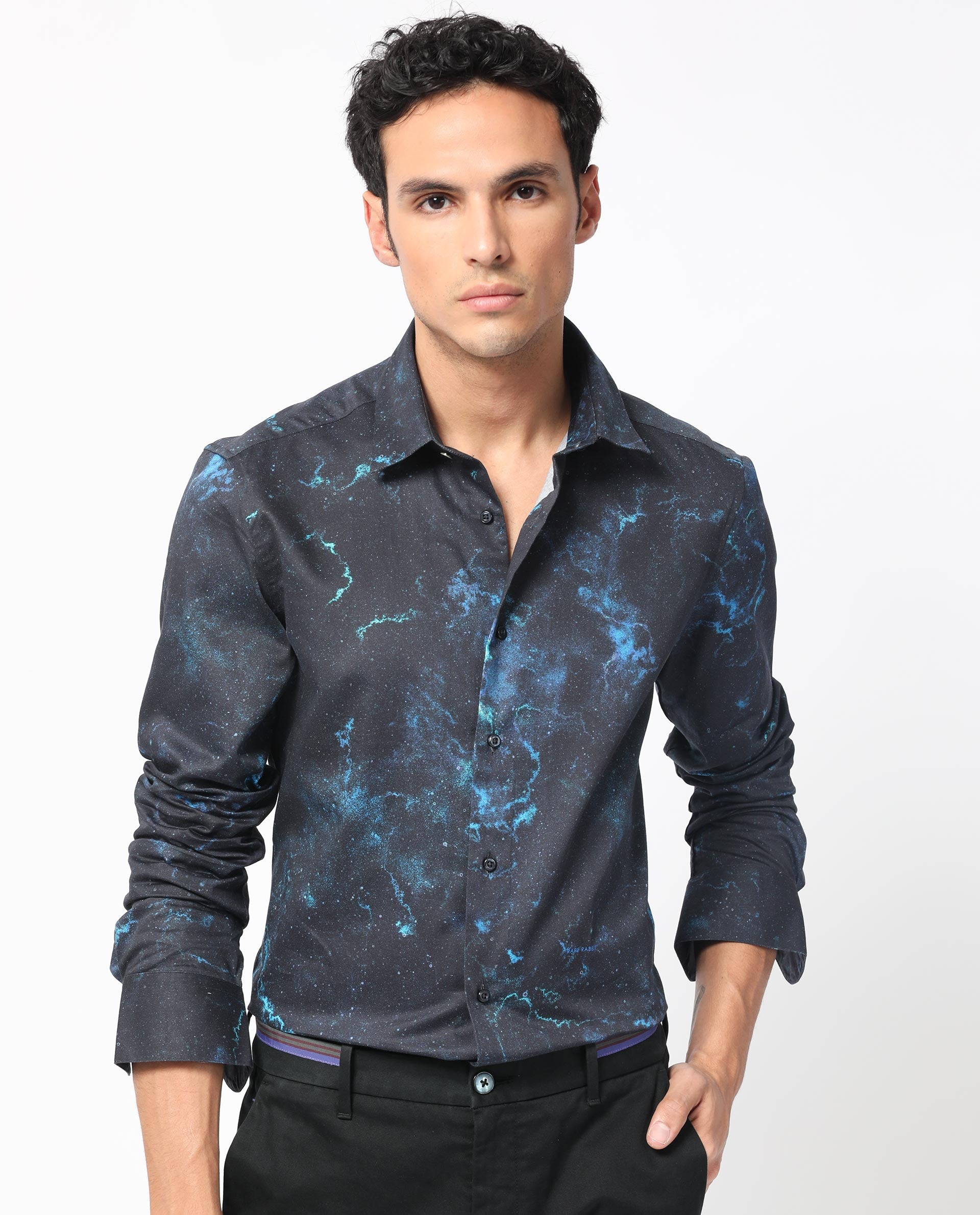 Rare Rabbit Men's Galaxx Navy Abstract Print Full Sleeves Shirt