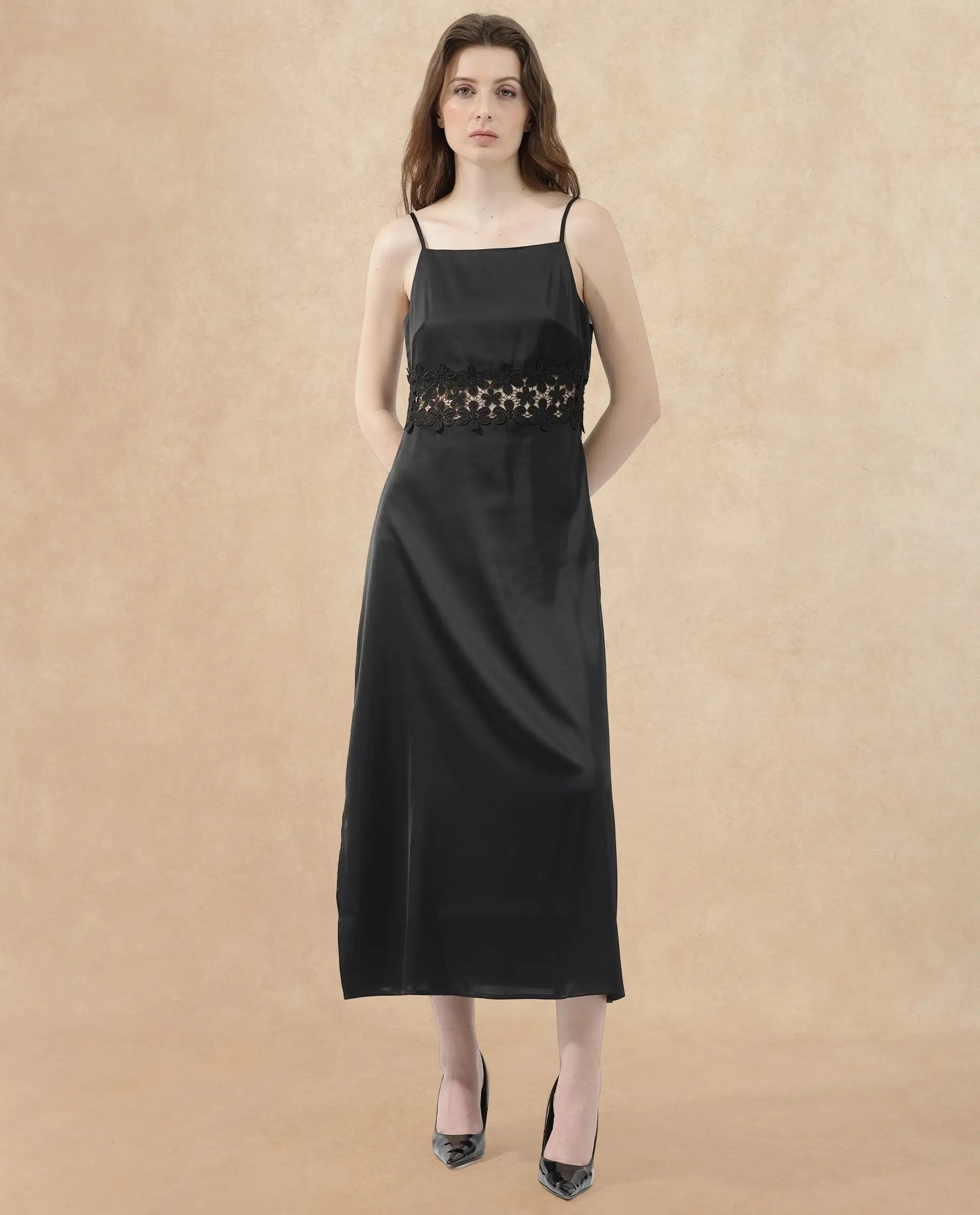 Rareism Women's Galcia Black Polyester Shoulder Strap Plain Shoulder Strap Maxi A-Line Dress