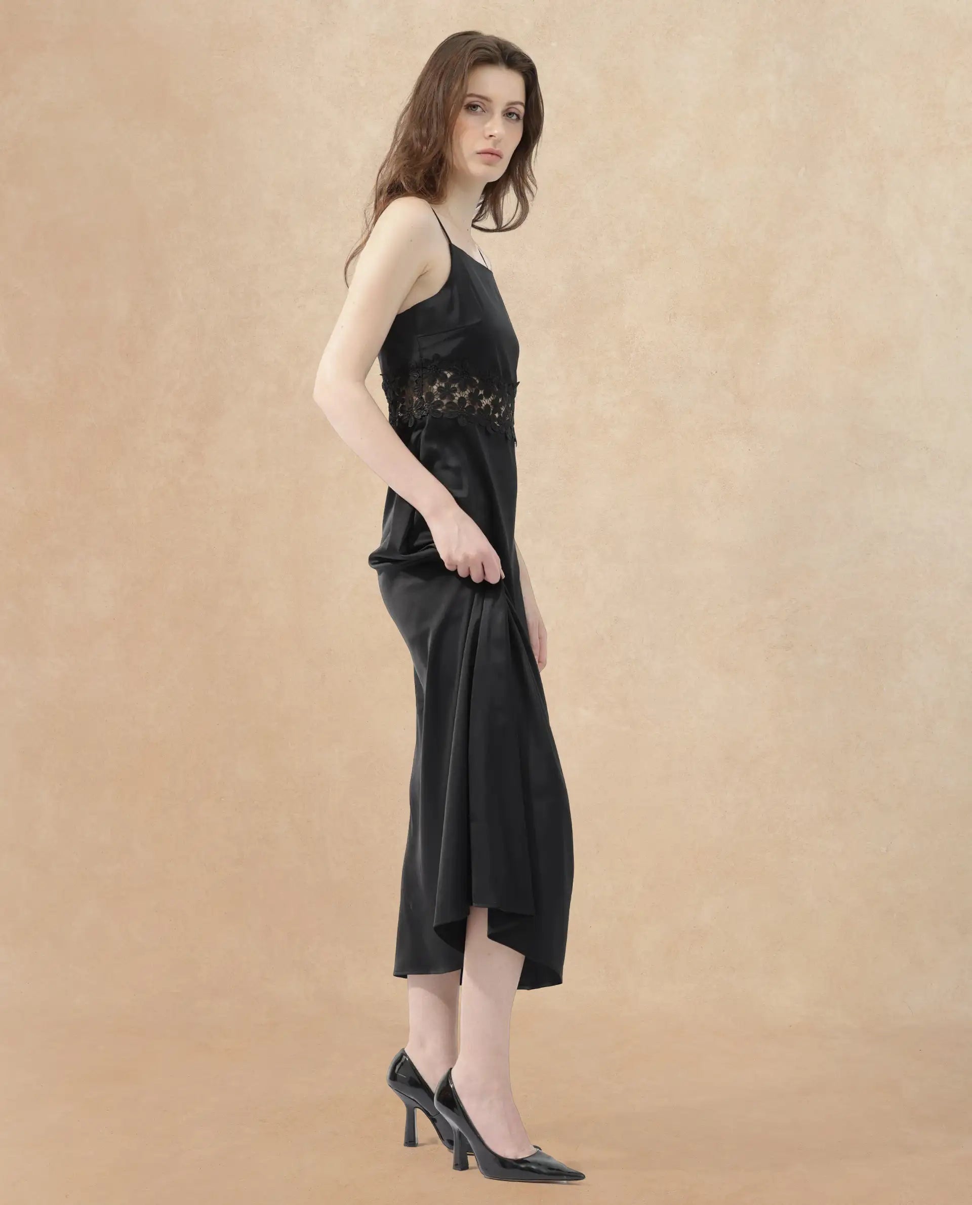 Rareism Women's Galcia Black Polyester Shoulder Strap Plain Shoulder Strap Maxi A-Line Dress