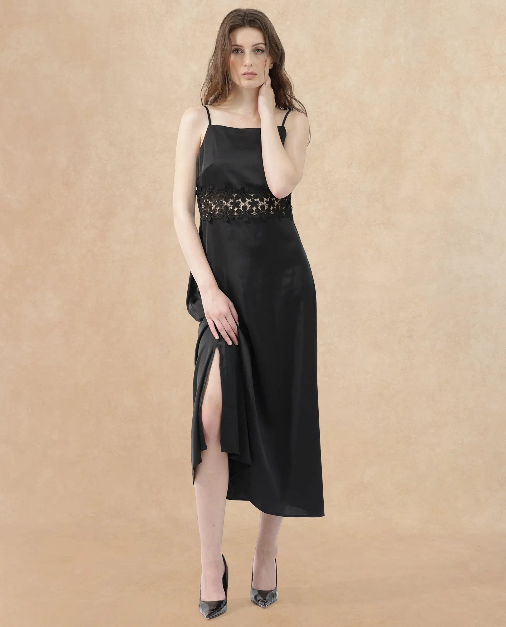 Rareism Women's Galcia Black Polyester Shoulder Strap Plain Shoulder Strap Maxi A-Line Dress