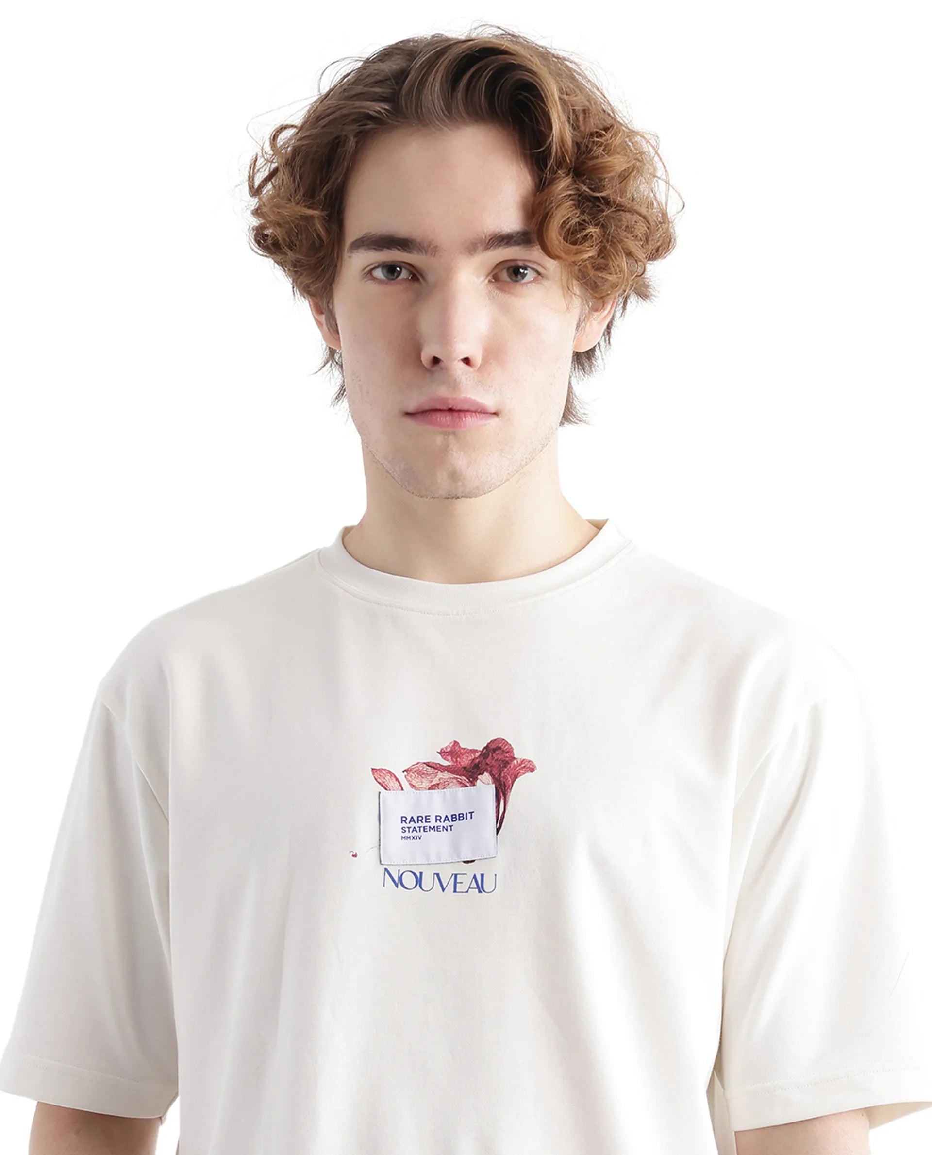 Rare Rabbit Men Galen Off White Cotton Poly Fabric Short Sleeve Boxy Fit Printed T-Shirt