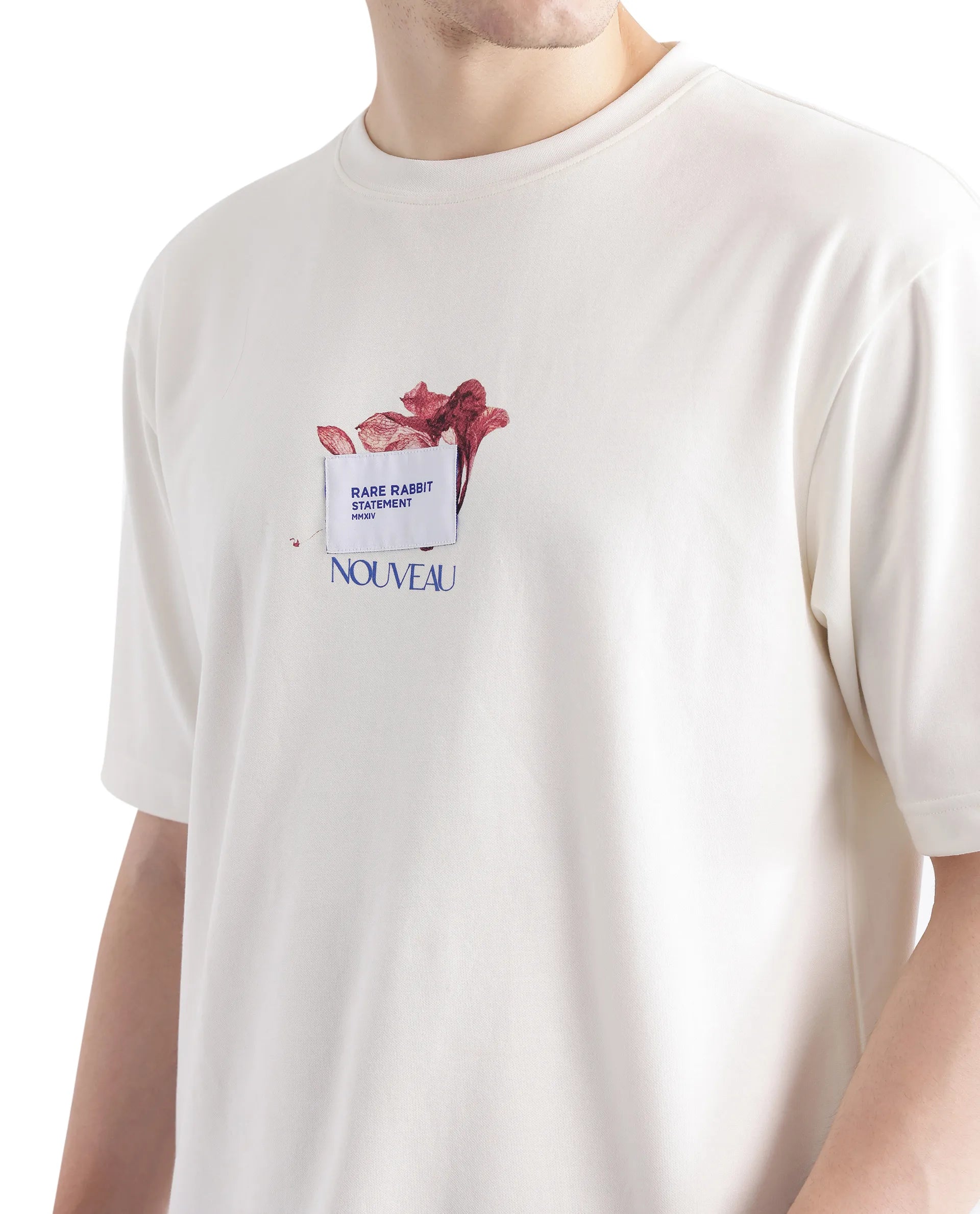 Rare Rabbit Men Galen Off White Cotton Poly Fabric Short Sleeve Boxy Fit Printed T-Shirt