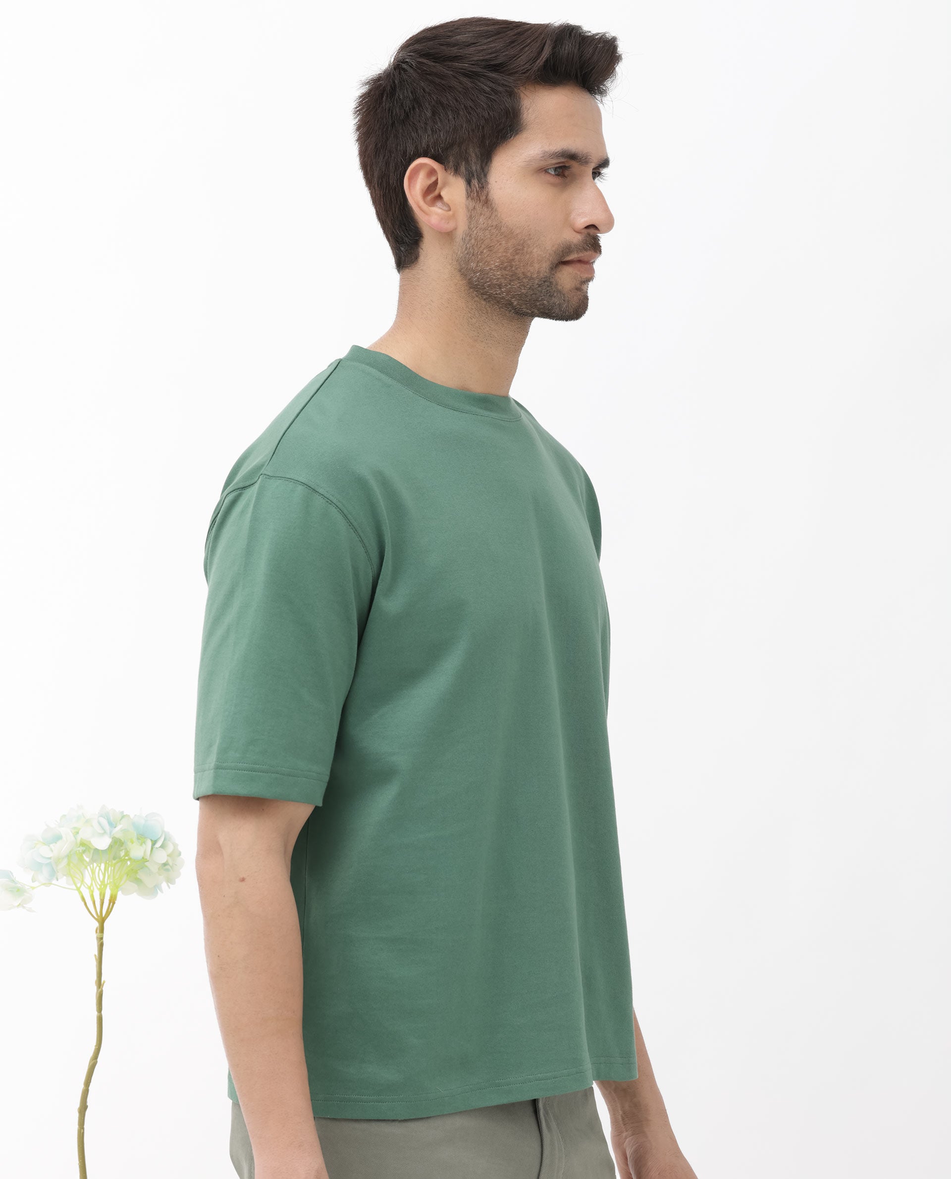 Rare Rabbit Men's Gallos Green Cotton Fabric Half Sleeves Oversized Fit Solid T-Shirt