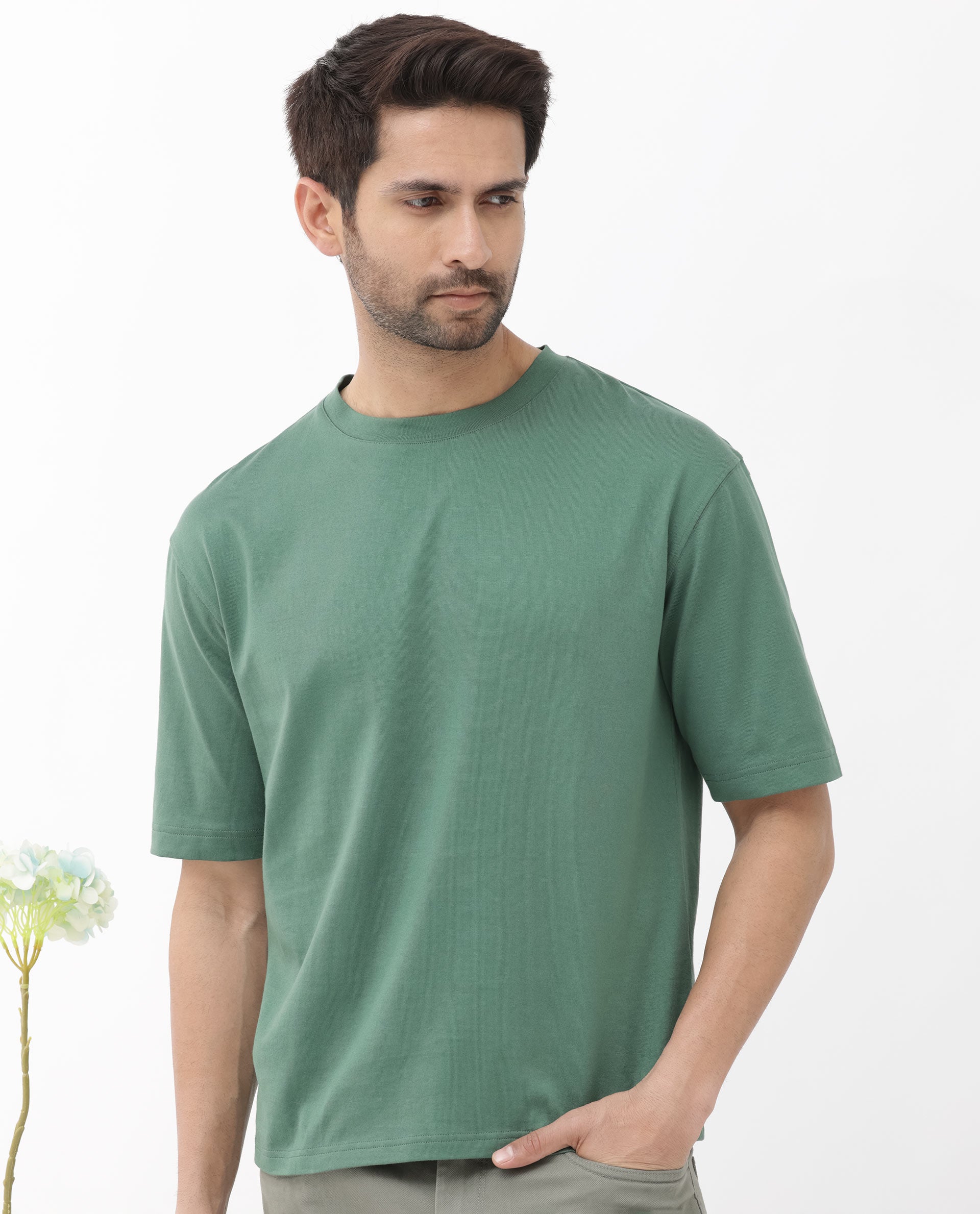 Rare Rabbit Men's Gallos Green Cotton Fabric Half Sleeves Oversized Fit Solid T-Shirt