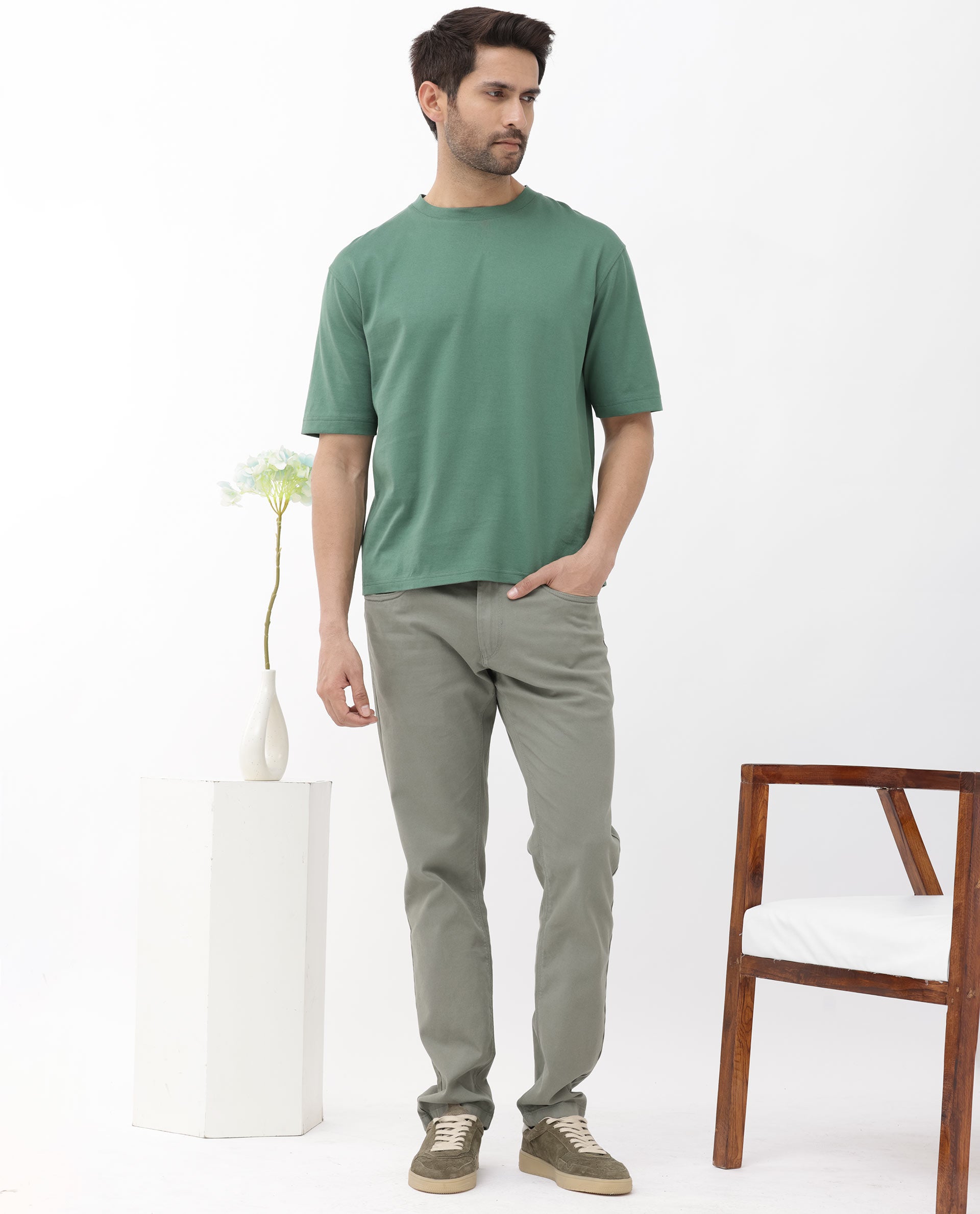 Rare Rabbit Men's Gallos Green Cotton Fabric Half Sleeves Oversized Fit Solid T-Shirt