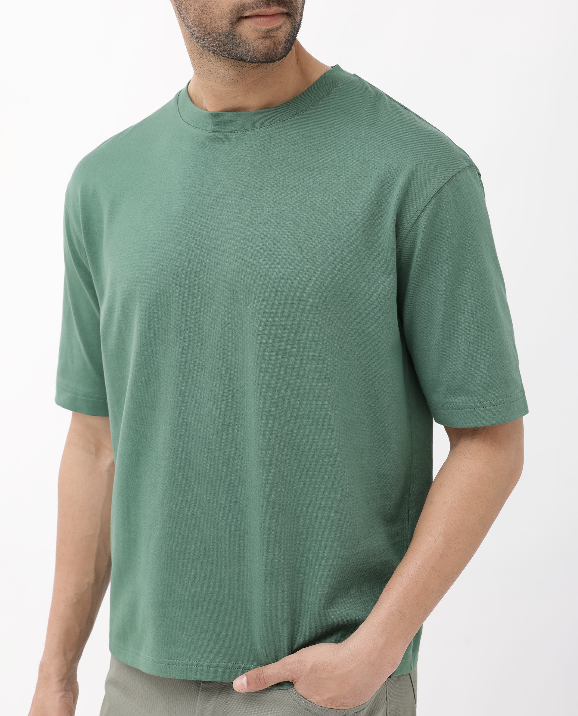 Rare Rabbit Men's Gallos Green Cotton Fabric Half Sleeves Oversized Fit Solid T-Shirt