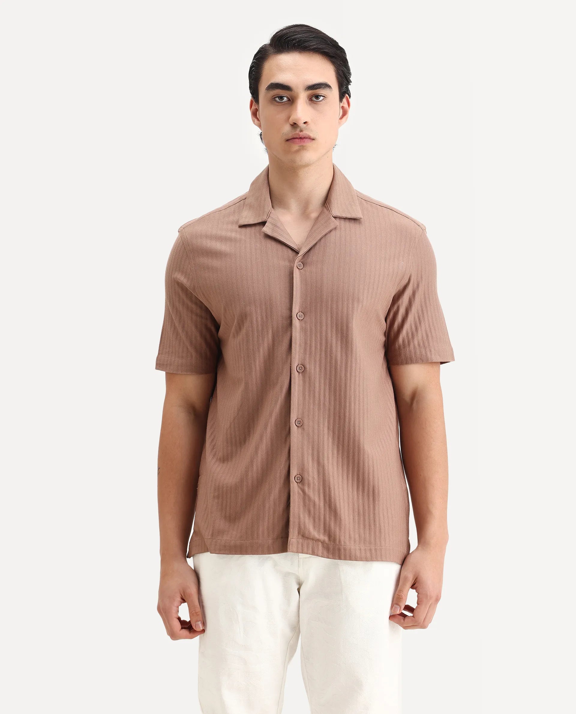 Rare Rabbit Men's Galo Dusky Brown Cotton Plain Relaxed Fit Half Sleeve Cuban Collar Shirt