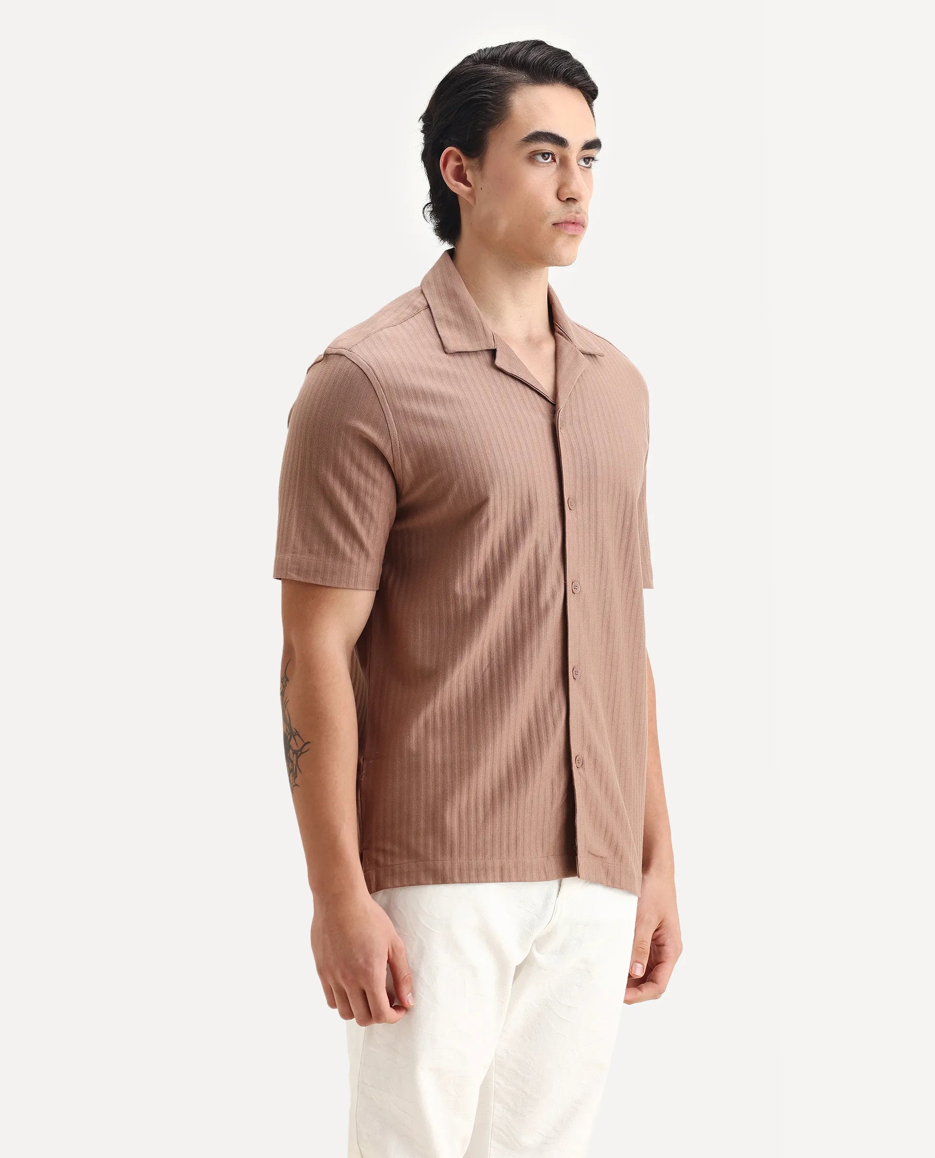 Rare Rabbit Men's Galo Dusky Brown Cotton Plain Relaxed Fit Half Sleeve Cuban Collar Shirt