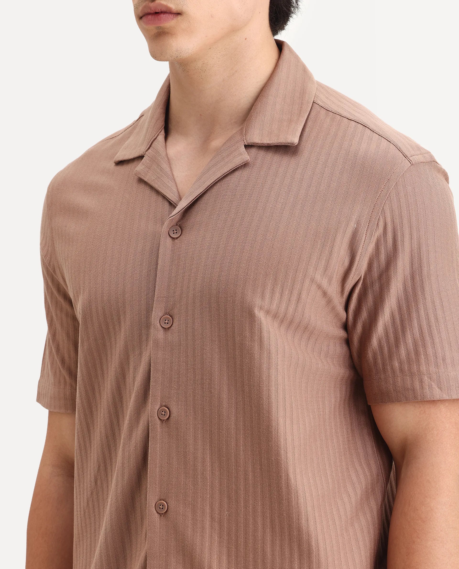 Rare Rabbit Men's Galo Dusky Brown Cotton Plain Relaxed Fit Half Sleeve Cuban Collar Shirt