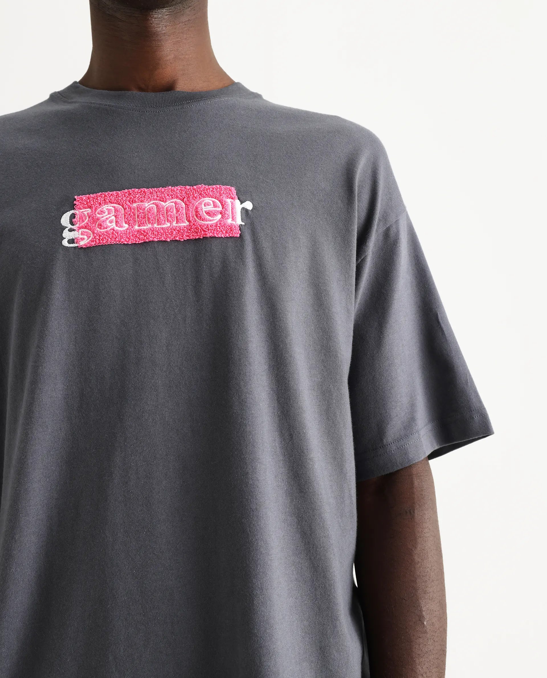 Rare Rabbit Men's Gamo Dark Grey Cotton Embroidered Oversized Fit Half Sleeve Crew Neck T-Shirt