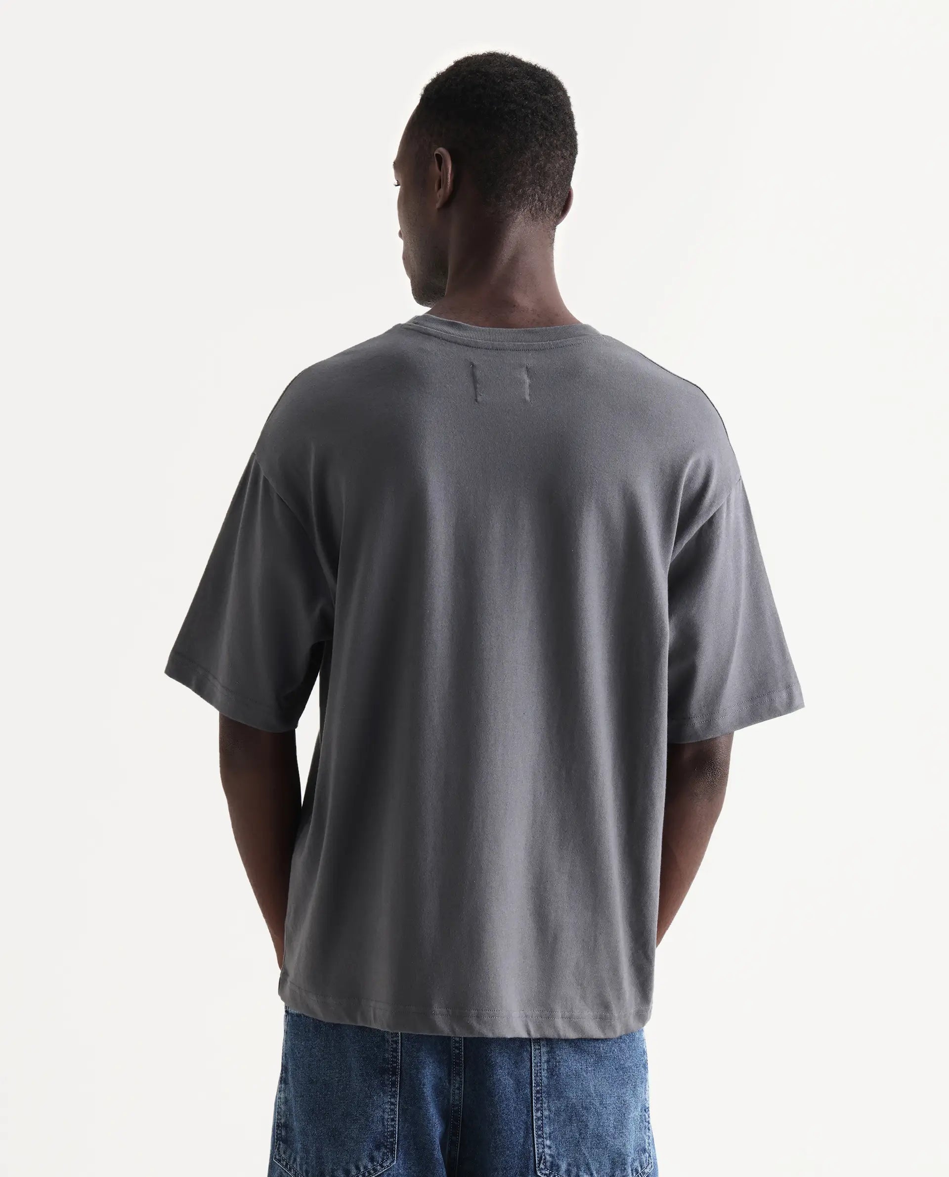 Rare Rabbit Men's Gamo Dark Grey Cotton Embroidered Oversized Fit Half Sleeve Crew Neck T-Shirt