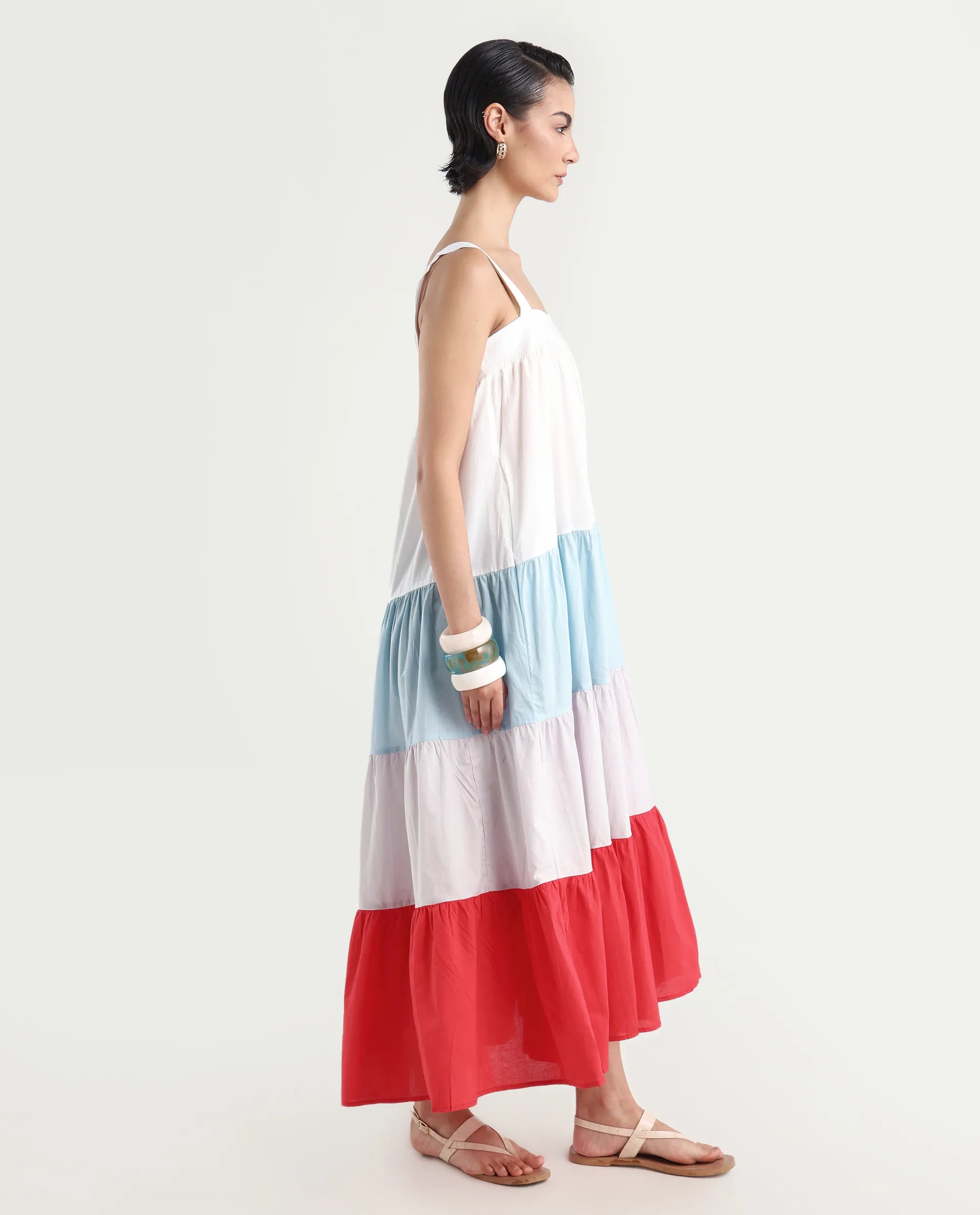 Rareism Women's Gama Multi Tube Neck Color Block Sleeveless Maxi Regular Fit Dress