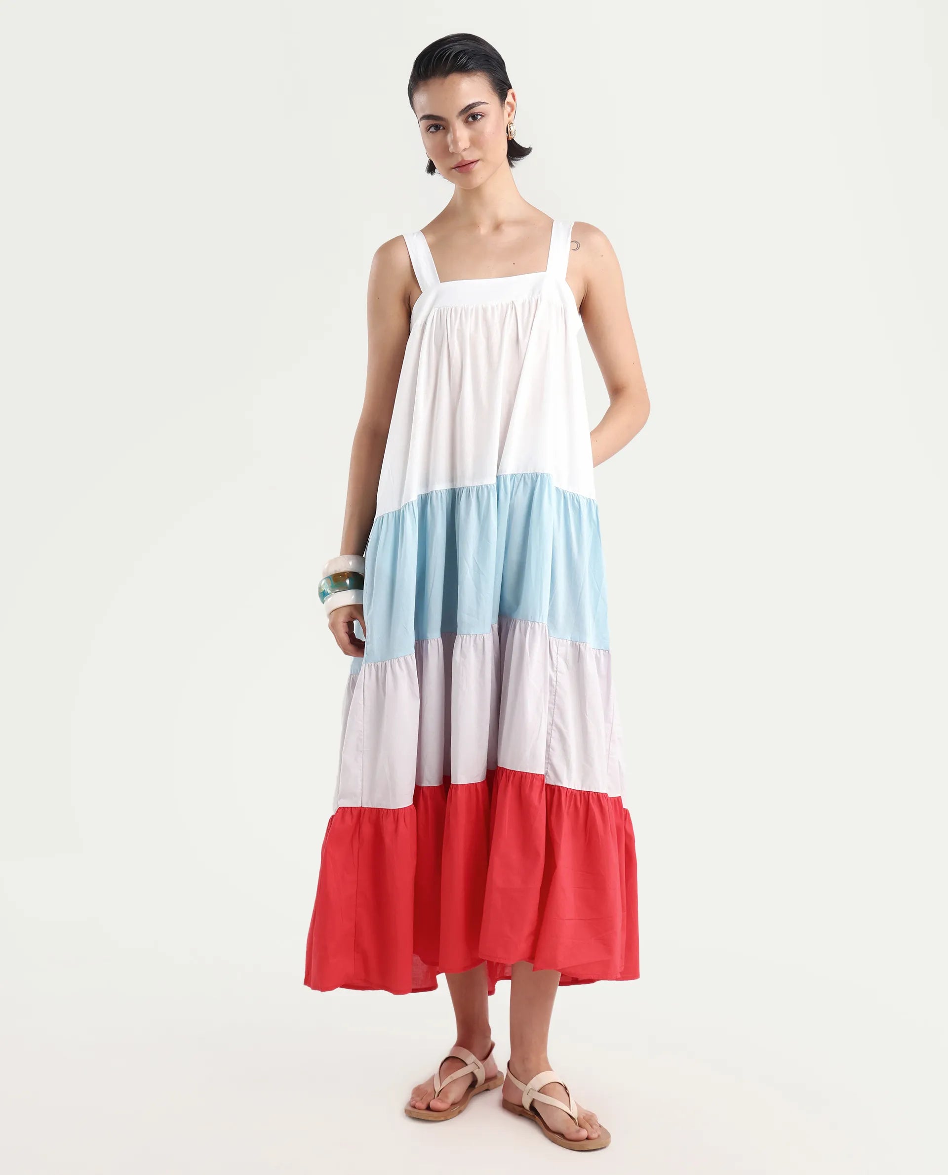 Rareism Women's Gama Multi Tube Neck Color Block Sleeveless Maxi Regular Fit Dress