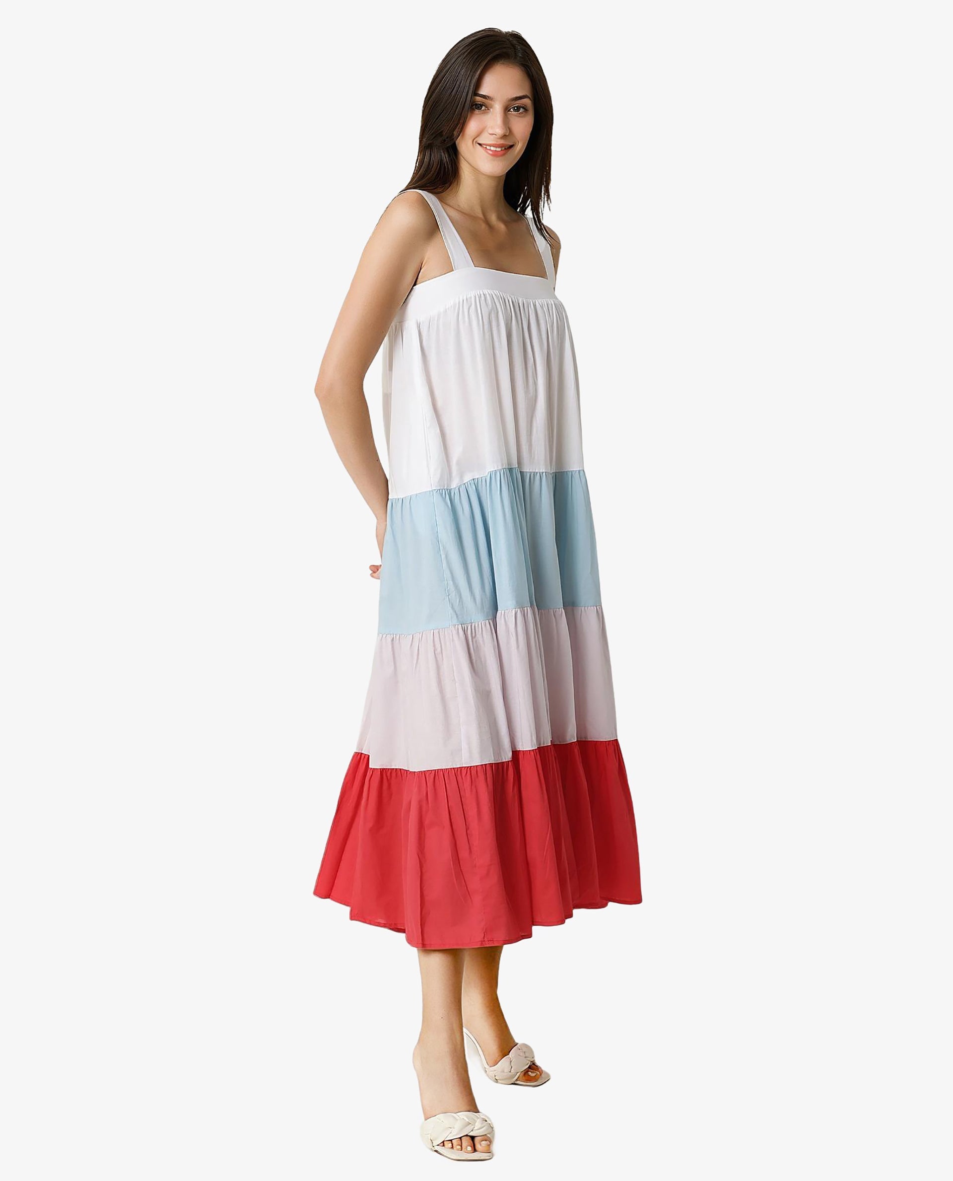 Rareism Women Gama Multi Broad Shoulder Straps With Pockets Tiered Maxi Dress