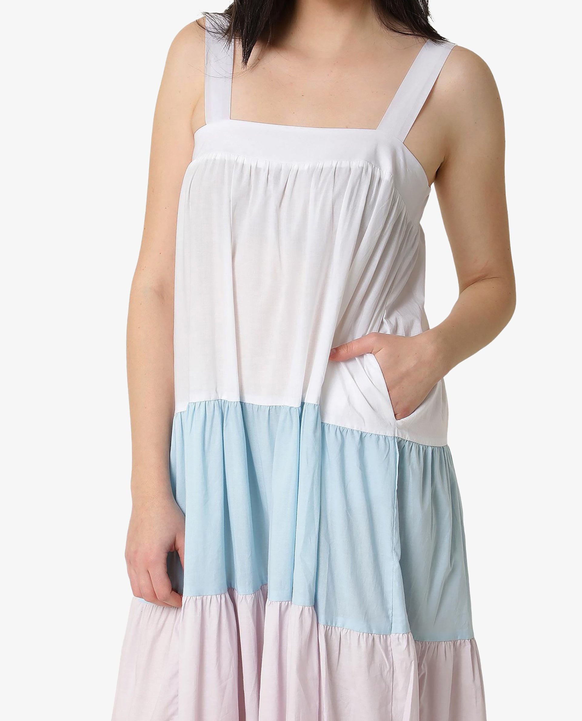 Rareism Women Gama Multi Broad Shoulder Straps With Pockets Tiered Maxi Dress