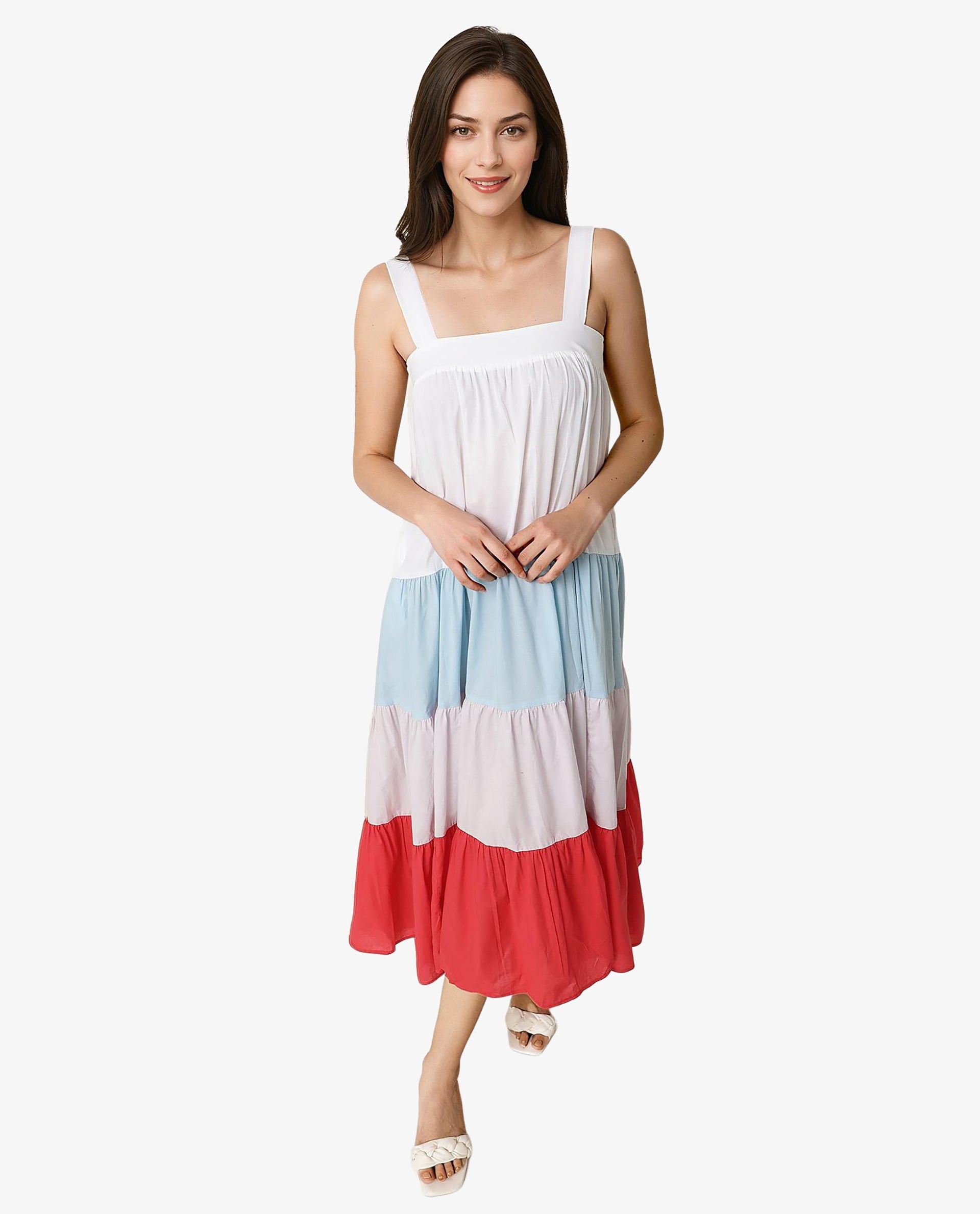 Rareism Women Gama Multi Broad Shoulder Straps With Pockets Tiered Maxi Dress