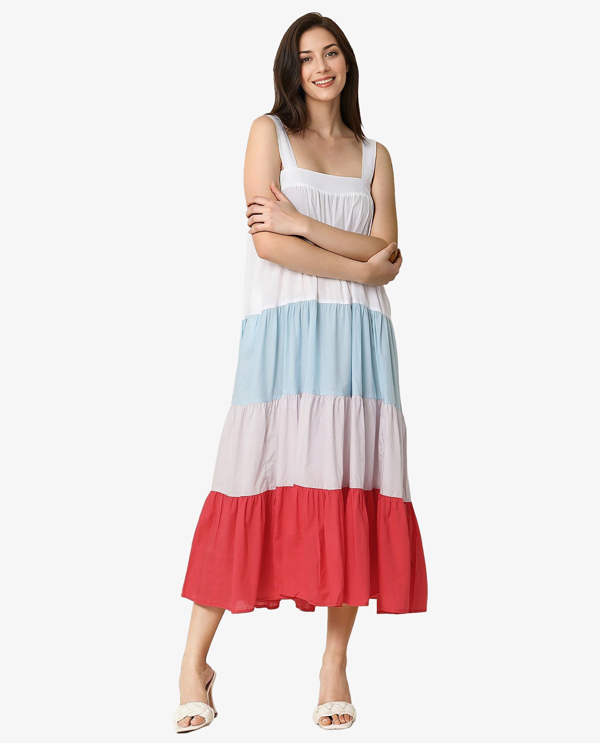 Rareism Women Gama Multi Broad Shoulder Straps With Pockets Tiered Maxi Dress