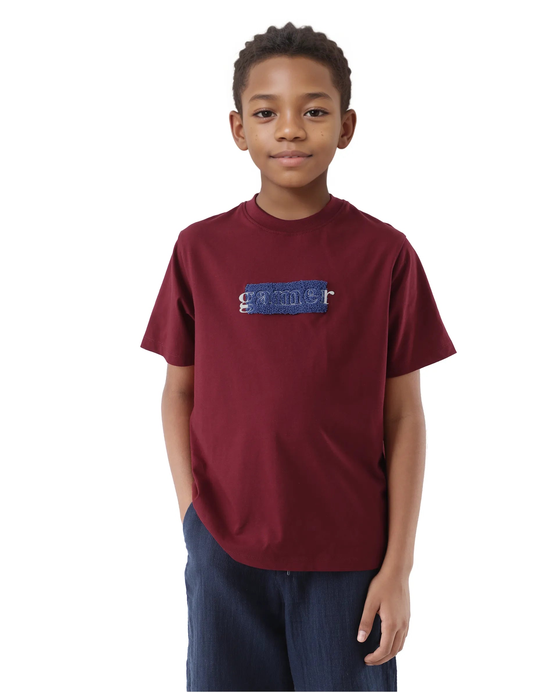 Rare Ones Kids Gamer Dark Red Cotton Embroidered Slip-On Regular Fit T-Shirt