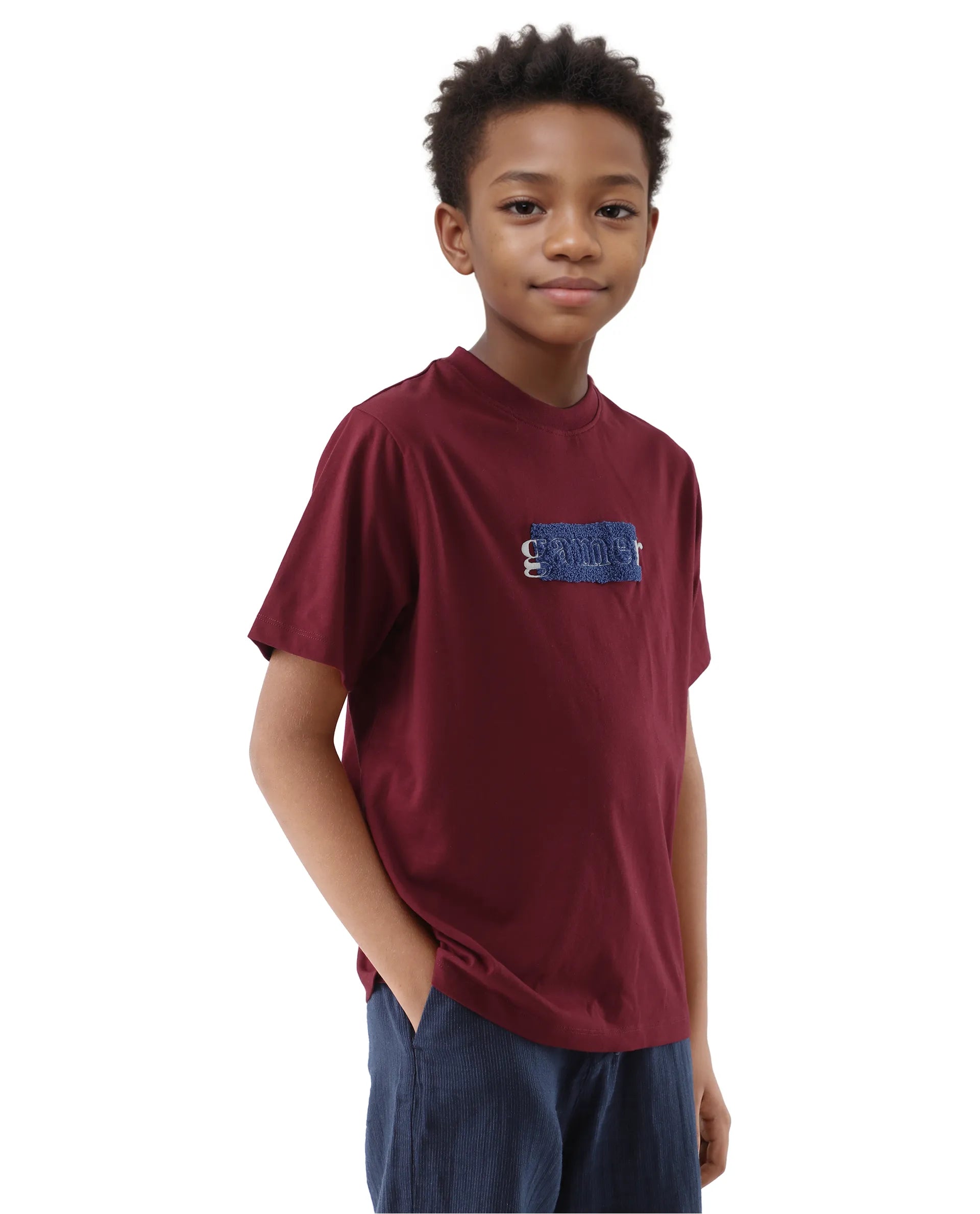 Rare Ones Kids Gamer Dark Red Cotton Embroidered Slip-On Regular Fit T-Shirt