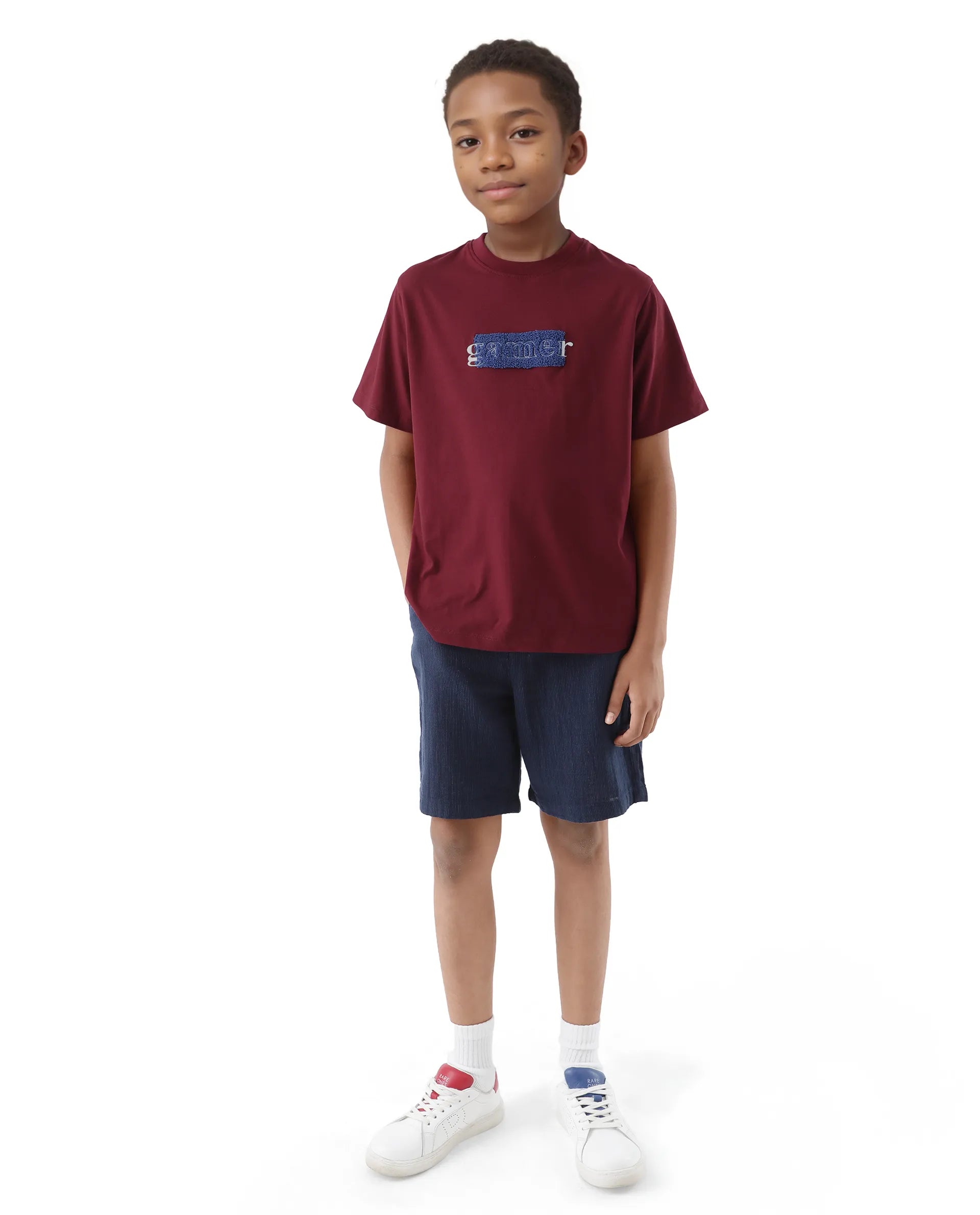 Rare Ones Kids Gamer Dark Red Cotton Embroidered Slip-On Regular Fit T-Shirt