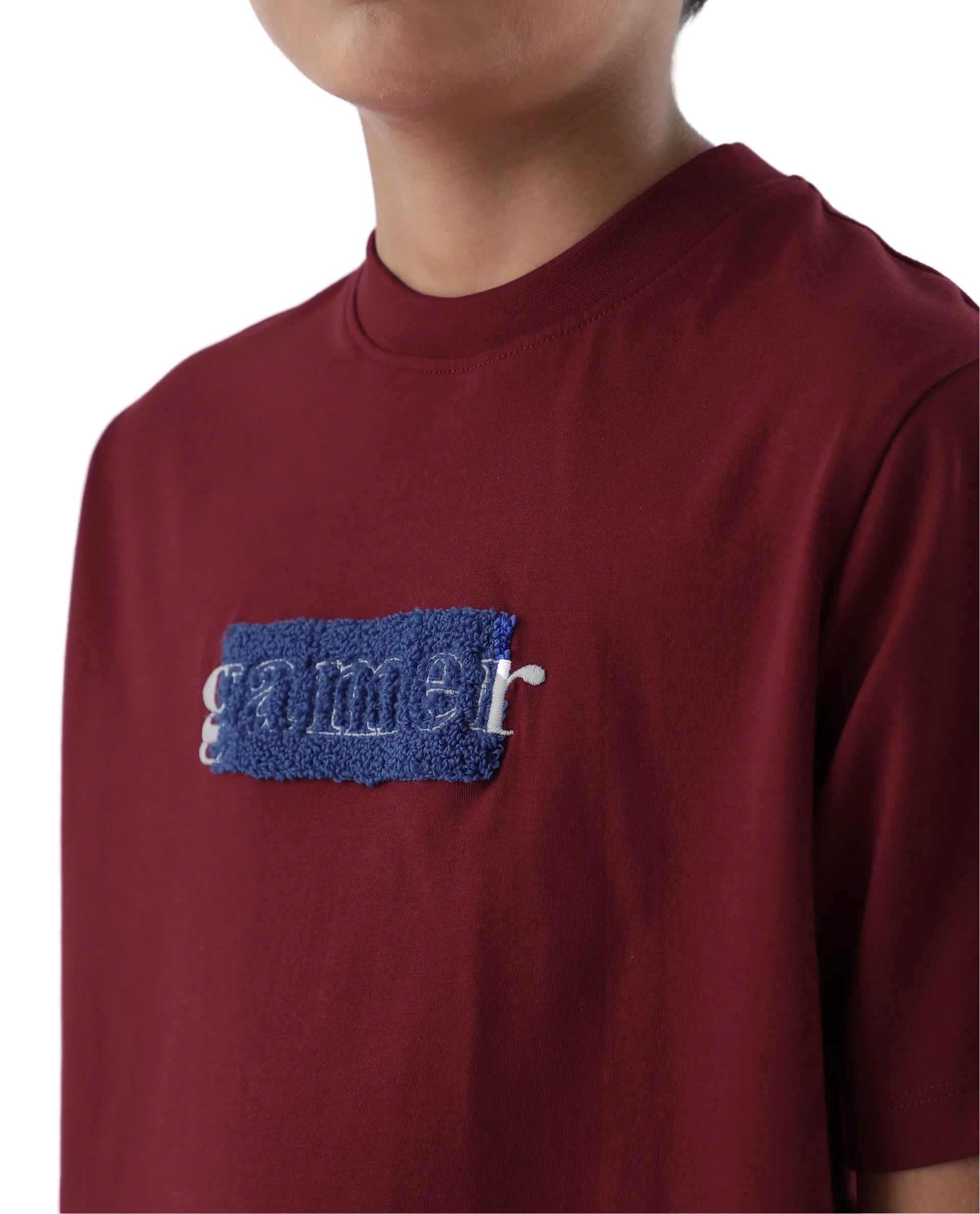 Rare Ones Kids Gamer Dark Red Cotton Embroidered Slip-On Regular Fit T-Shirt