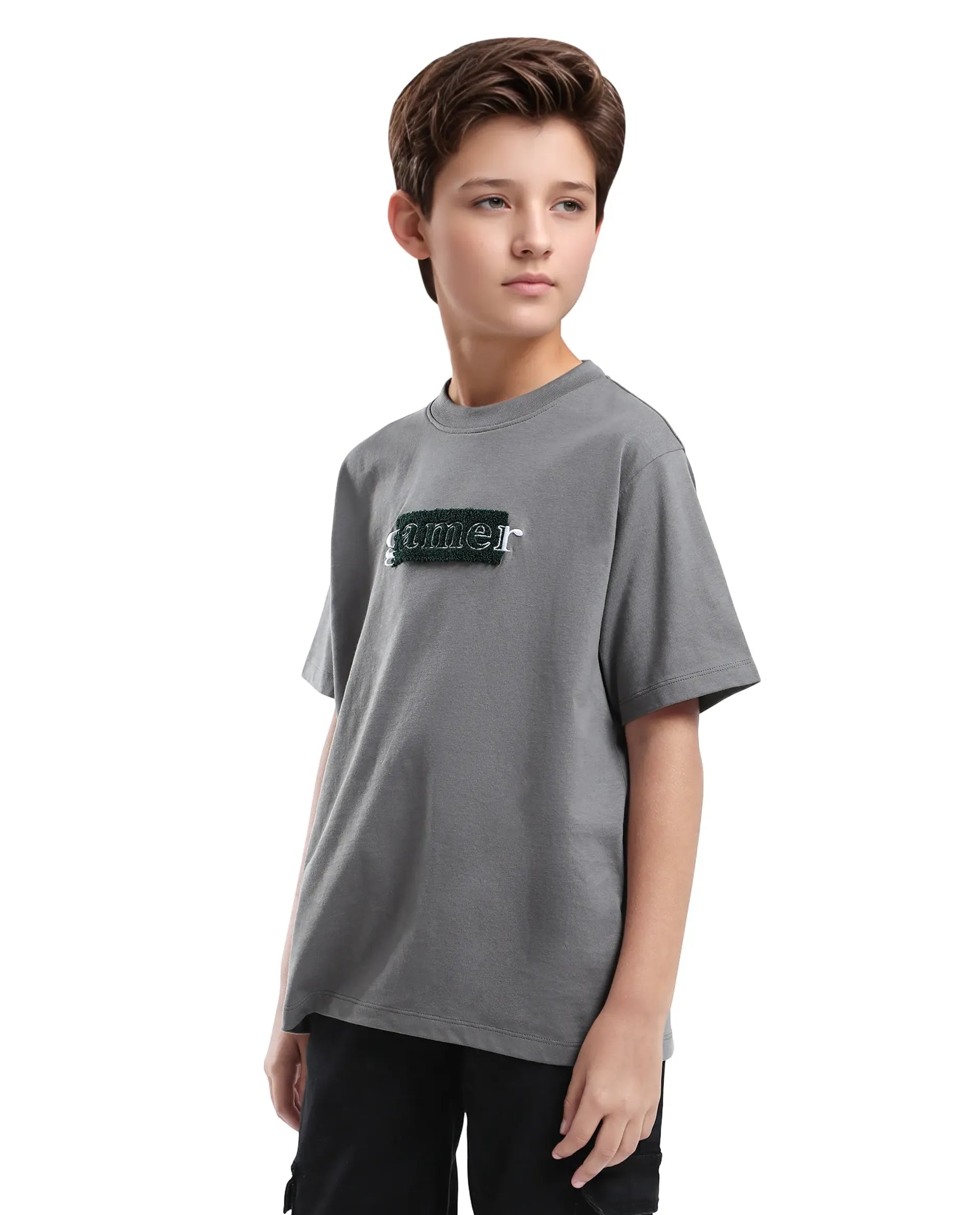Rare Ones Kids Gamer Grey Cotton Embroidered Slip-On Regular Fit T-Shirt