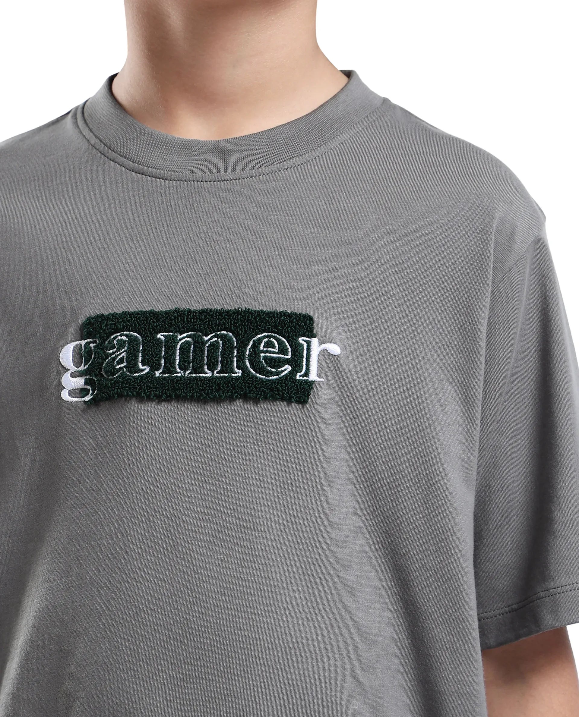 Rare Ones Kids Gamer Grey Cotton Embroidered Slip-On Regular Fit T-Shirt