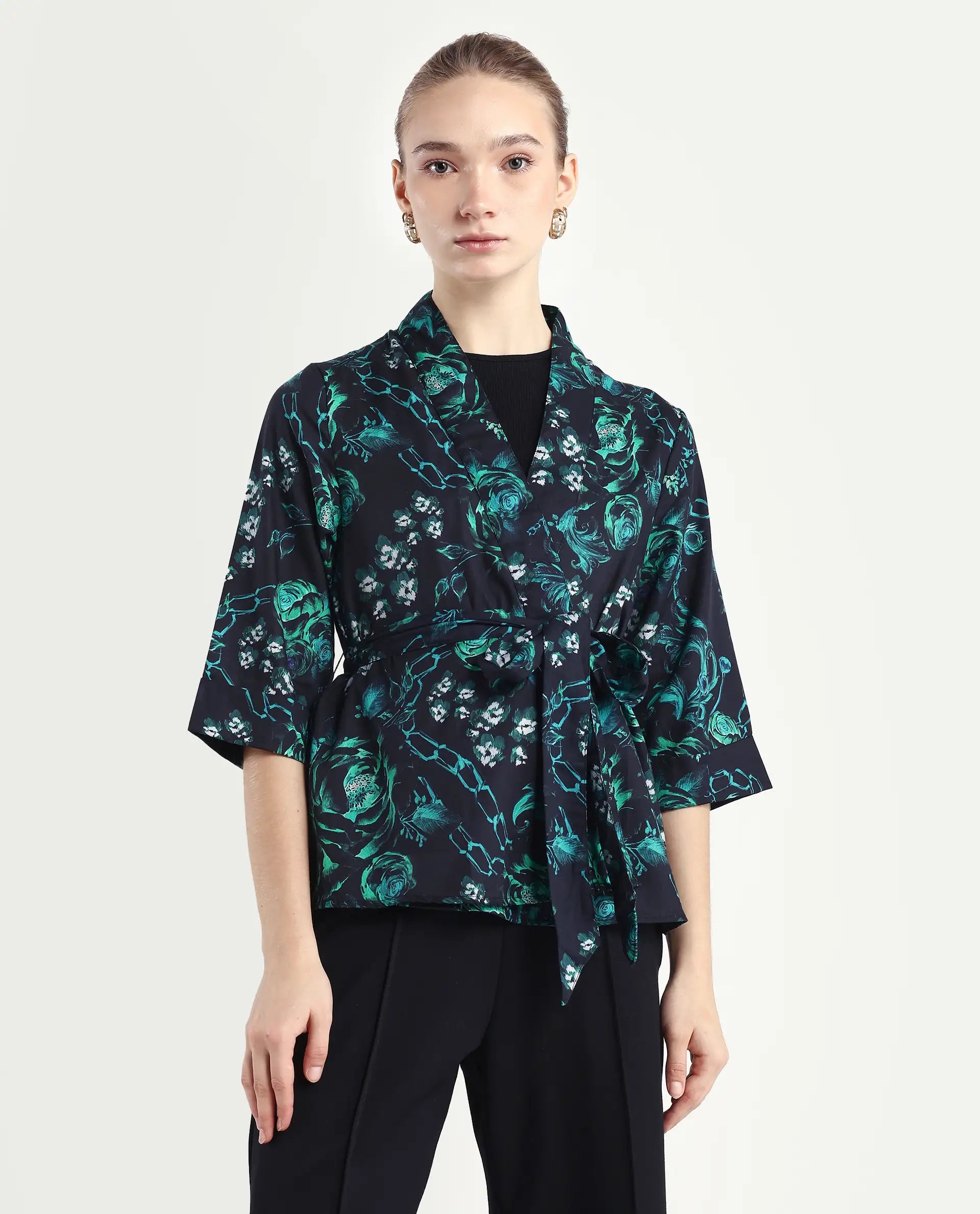 Rareism Women's Gamo Black Cotton Blend Overlap Neck Floral Print Regular Fit Top