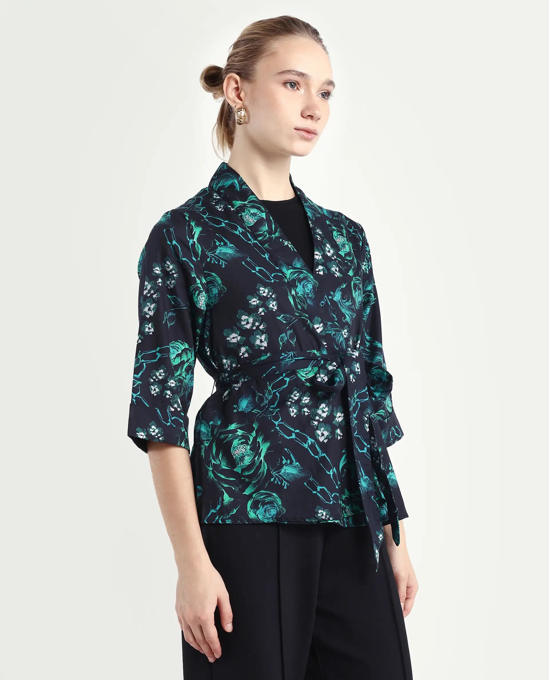 Rareism Women's Gamo Black Cotton Blend Overlap Neck Floral Print Regular Fit Top