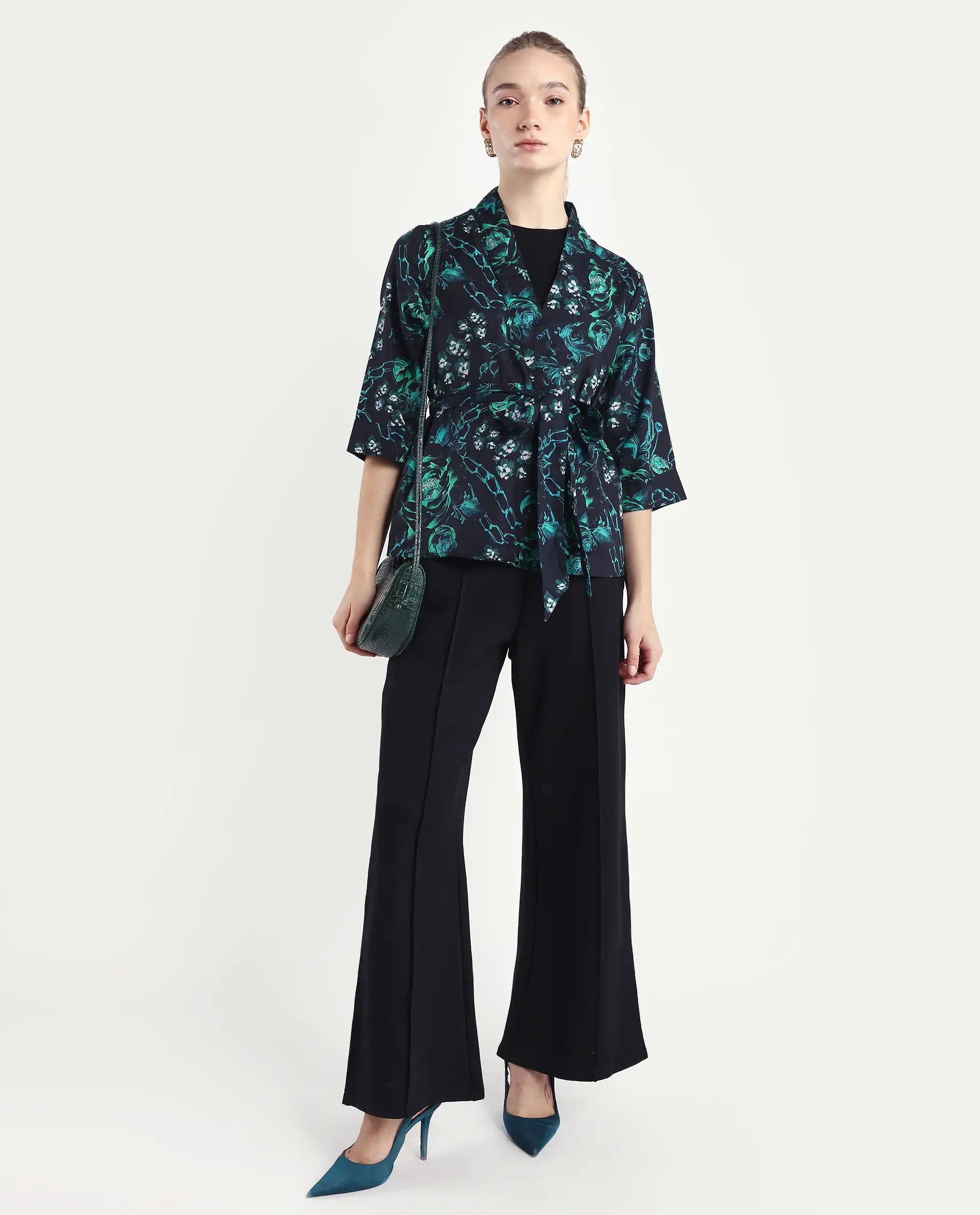 Rareism Women's Gamo Black Cotton Blend Overlap Neck Floral Print Regular Fit Top