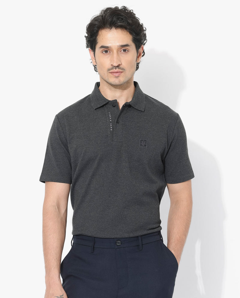 Rare Rabbit Men's Gamor Black Cotton Poly Fabric Short Sleeves Collared Neck Solid Color Knit Polo T-Shirt