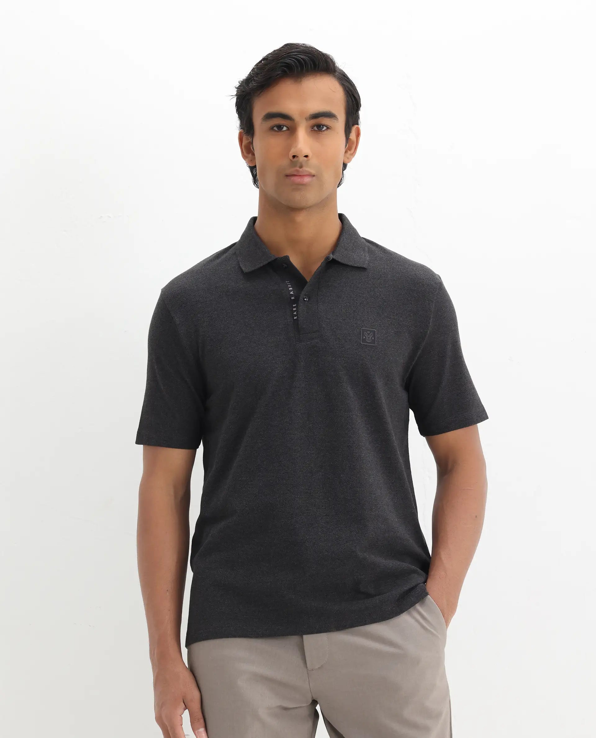 Rare Rabbit Men's Gamor Black Cotton Blend Plain Regular Fit Half Sleeve Polo