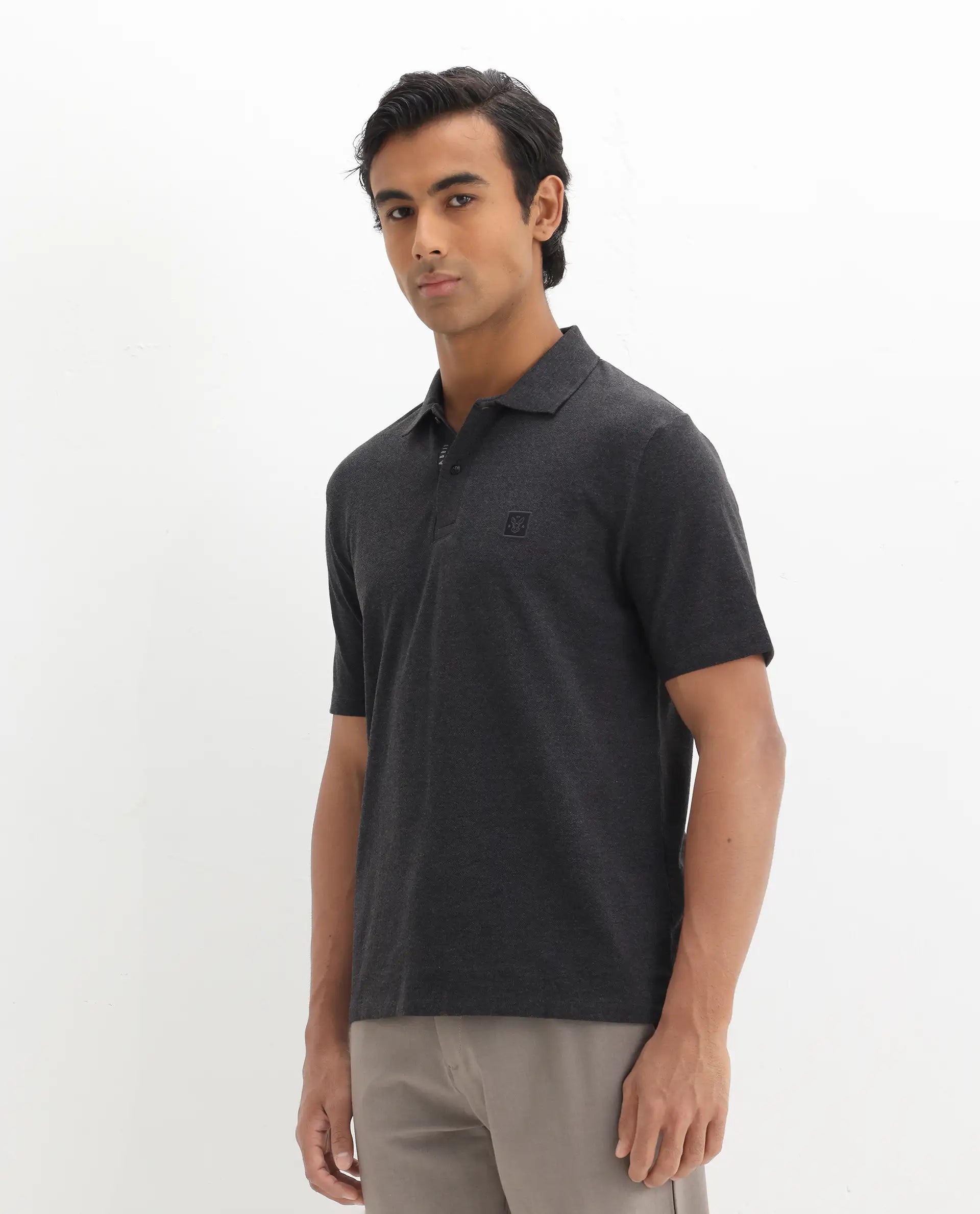 Rare Rabbit Men's Gamor Black Cotton Blend Plain Regular Fit Half Sleeve Polo
