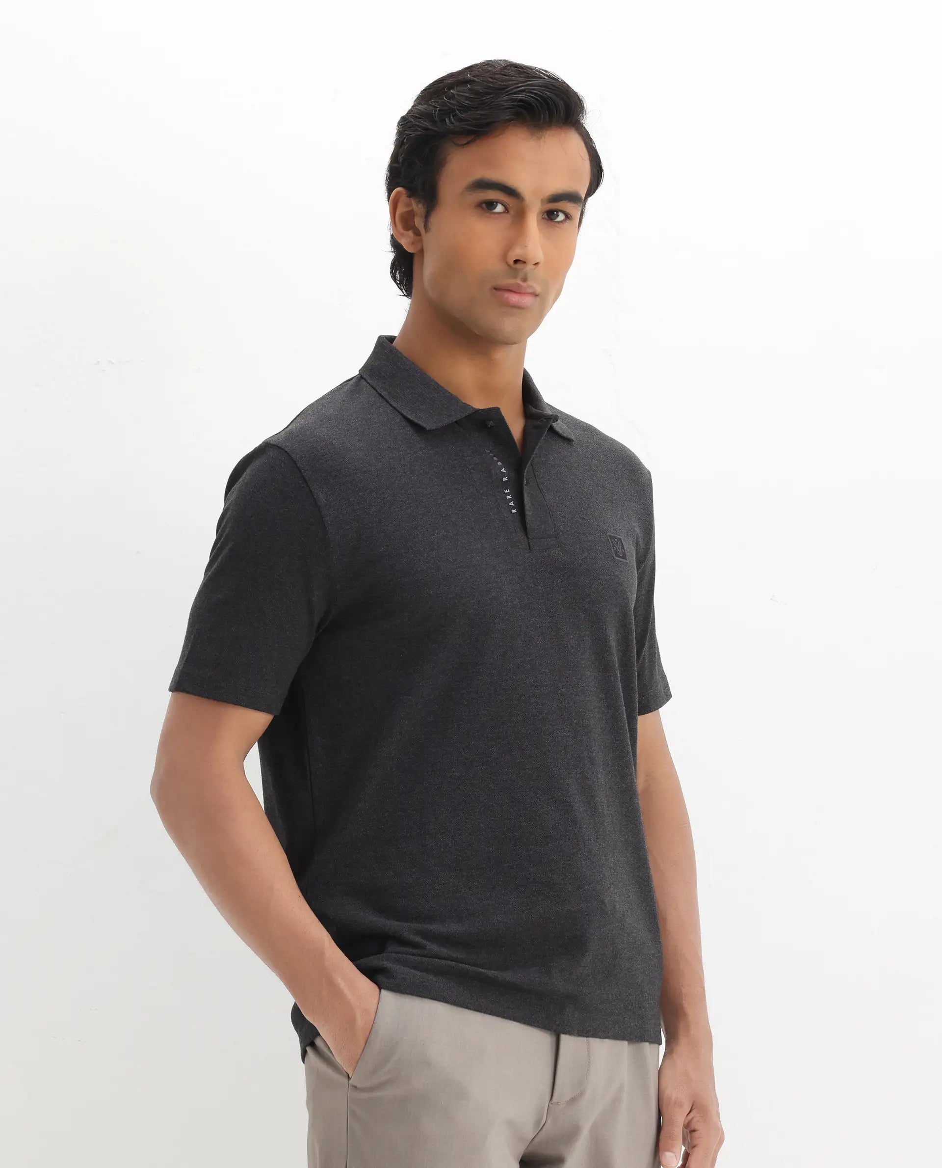 Rare Rabbit Men's Gamor Black Cotton Blend Plain Regular Fit Half Sleeve Polo