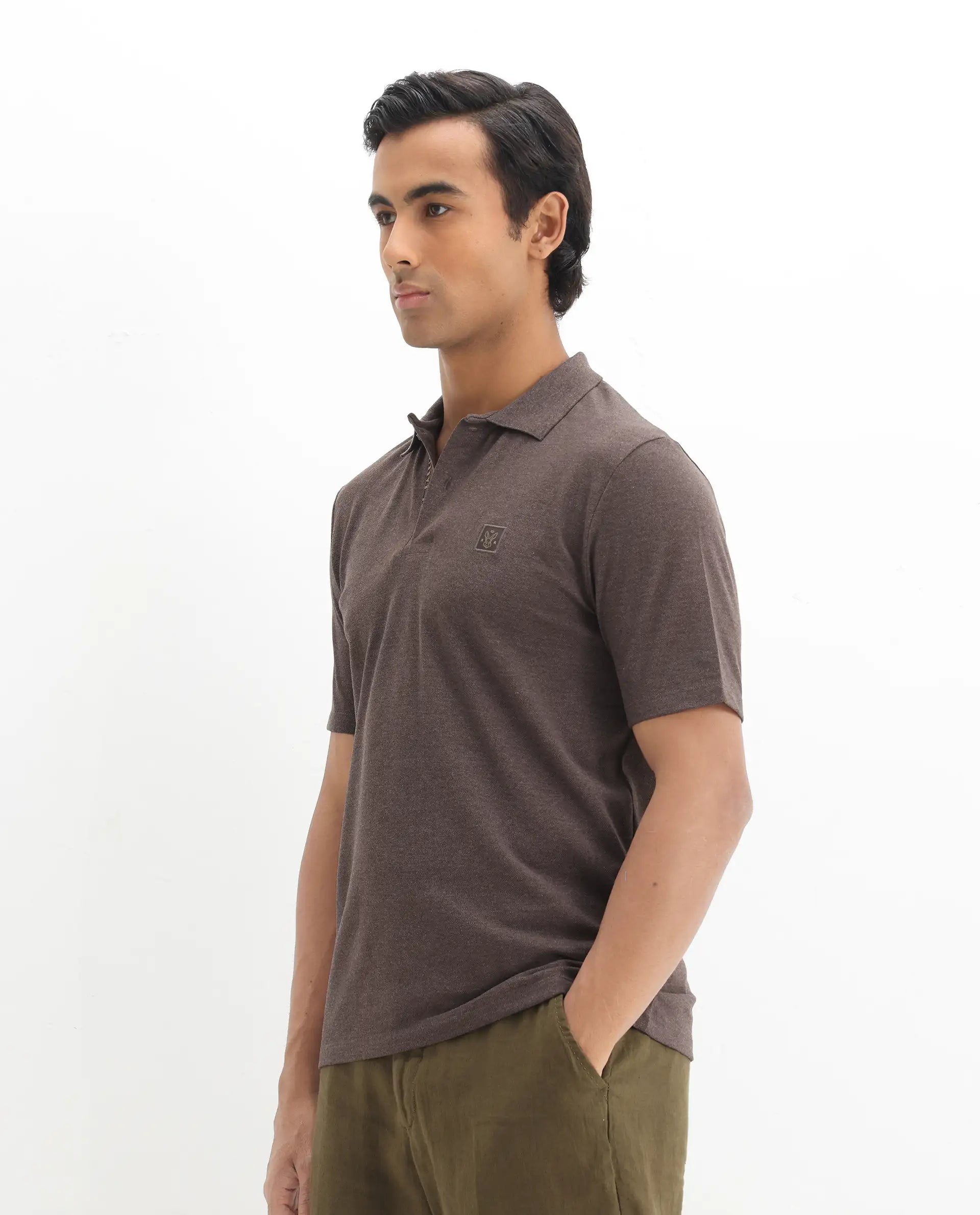 Rare Rabbit Men's Gamor Dark Brown Cotton Blend Plain Regular Fit Half Sleeve Polo