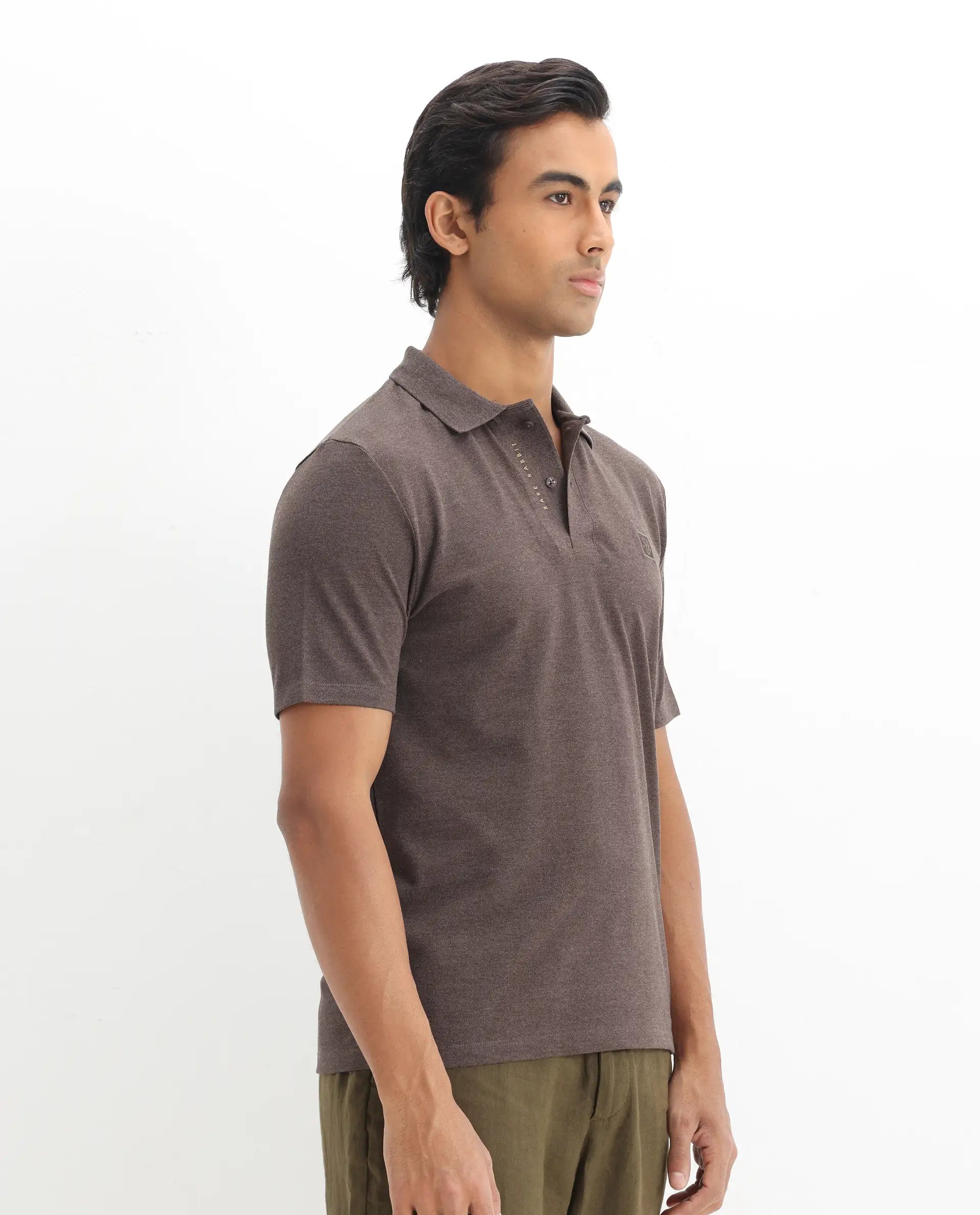 Rare Rabbit Men's Gamor Dark Brown Cotton Blend Plain Regular Fit Half Sleeve Polo