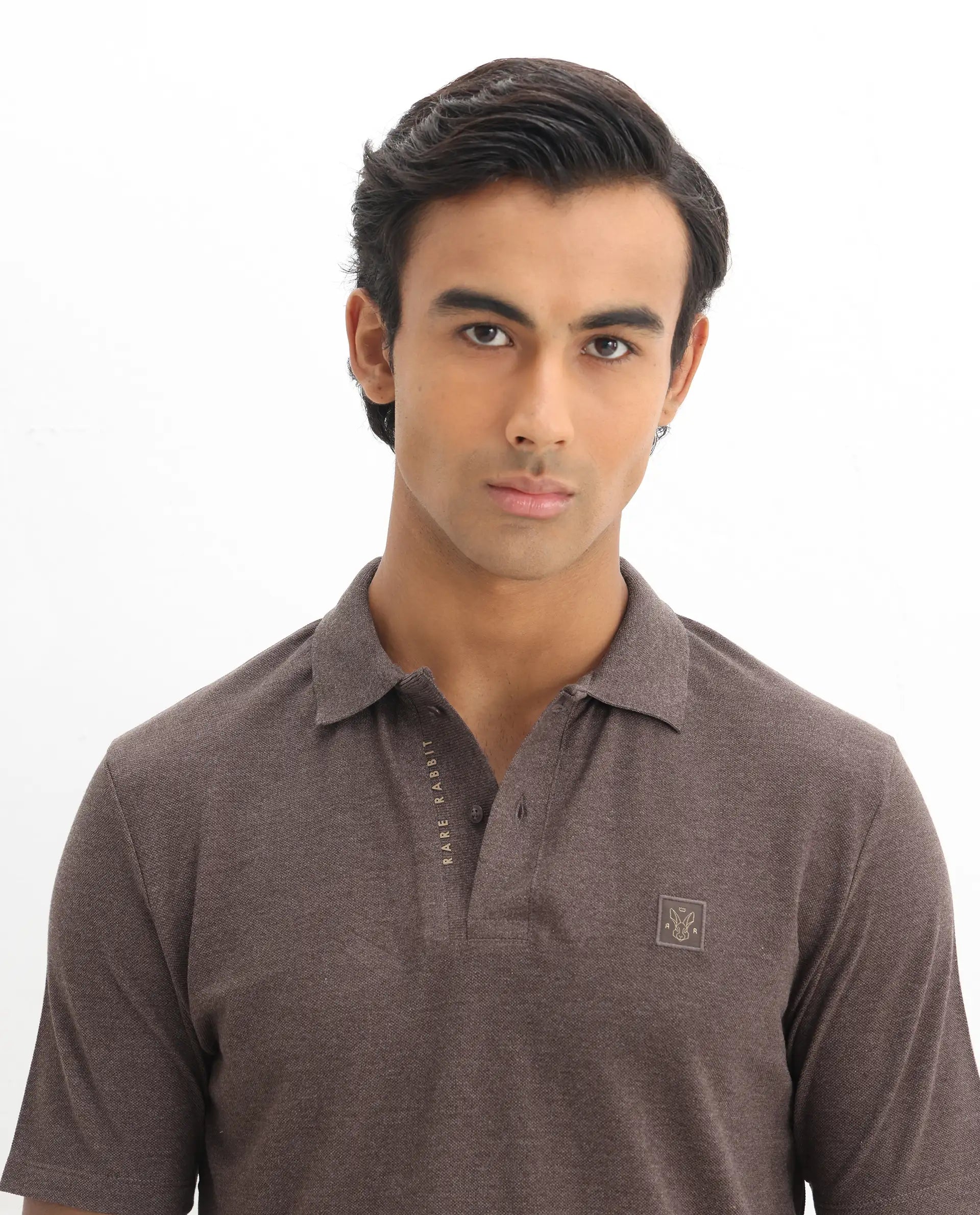 Rare Rabbit Men's Gamor Dark Brown Cotton Blend Plain Regular Fit Half Sleeve Polo