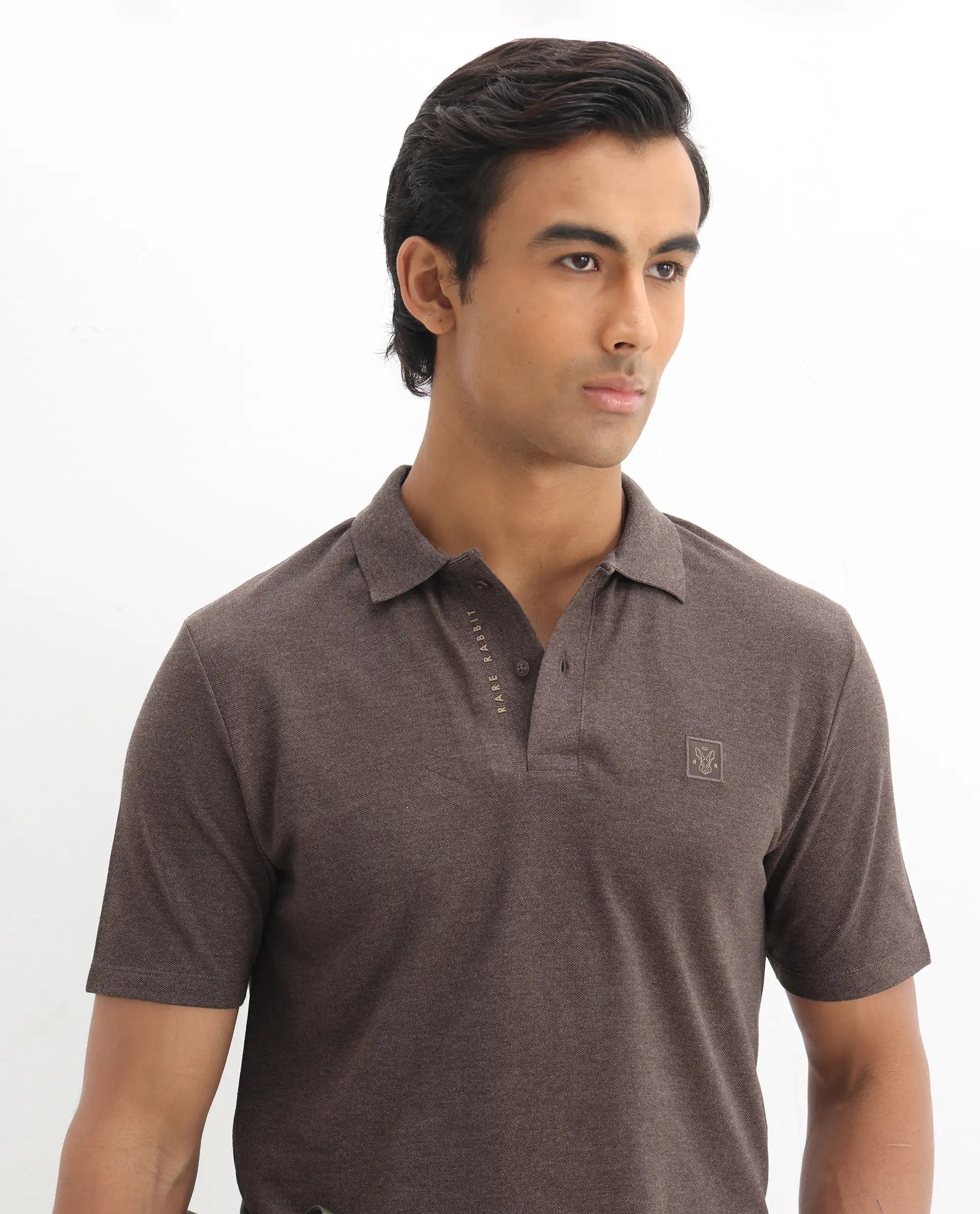 Rare Rabbit Men's Gamor Dark Brown Cotton Blend Plain Regular Fit Half Sleeve Polo