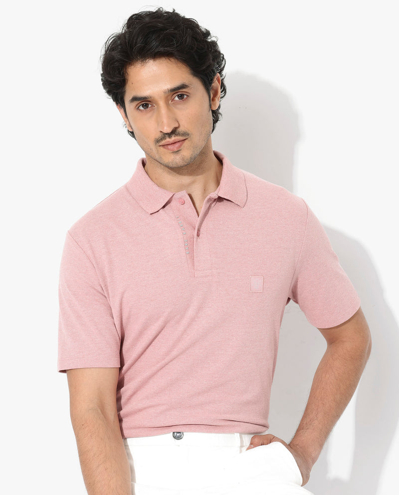 Rare Rabbit Men's Gamor Dusky Pink Cotton Poly Fabric Short Sleeves Collared Neck Solid Color Knit Polo