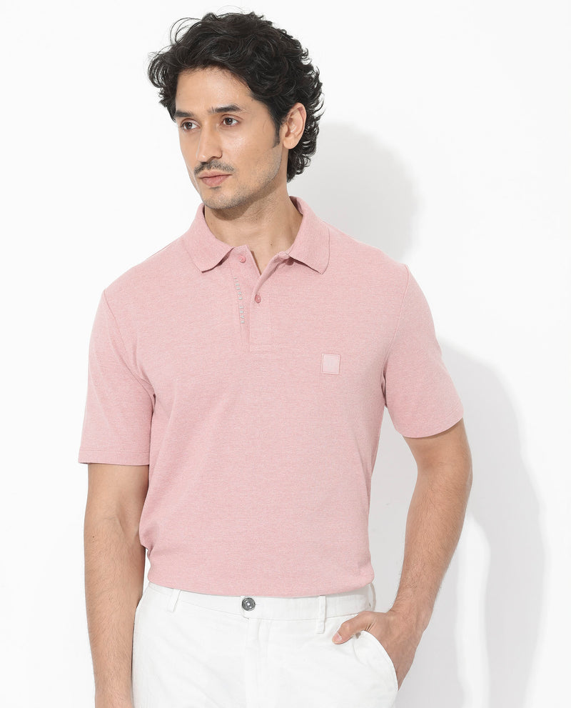 Rare Rabbit Men's Gamor Dusky Pink Cotton Poly Fabric Short Sleeves Collared Neck Solid Color Knit Polo