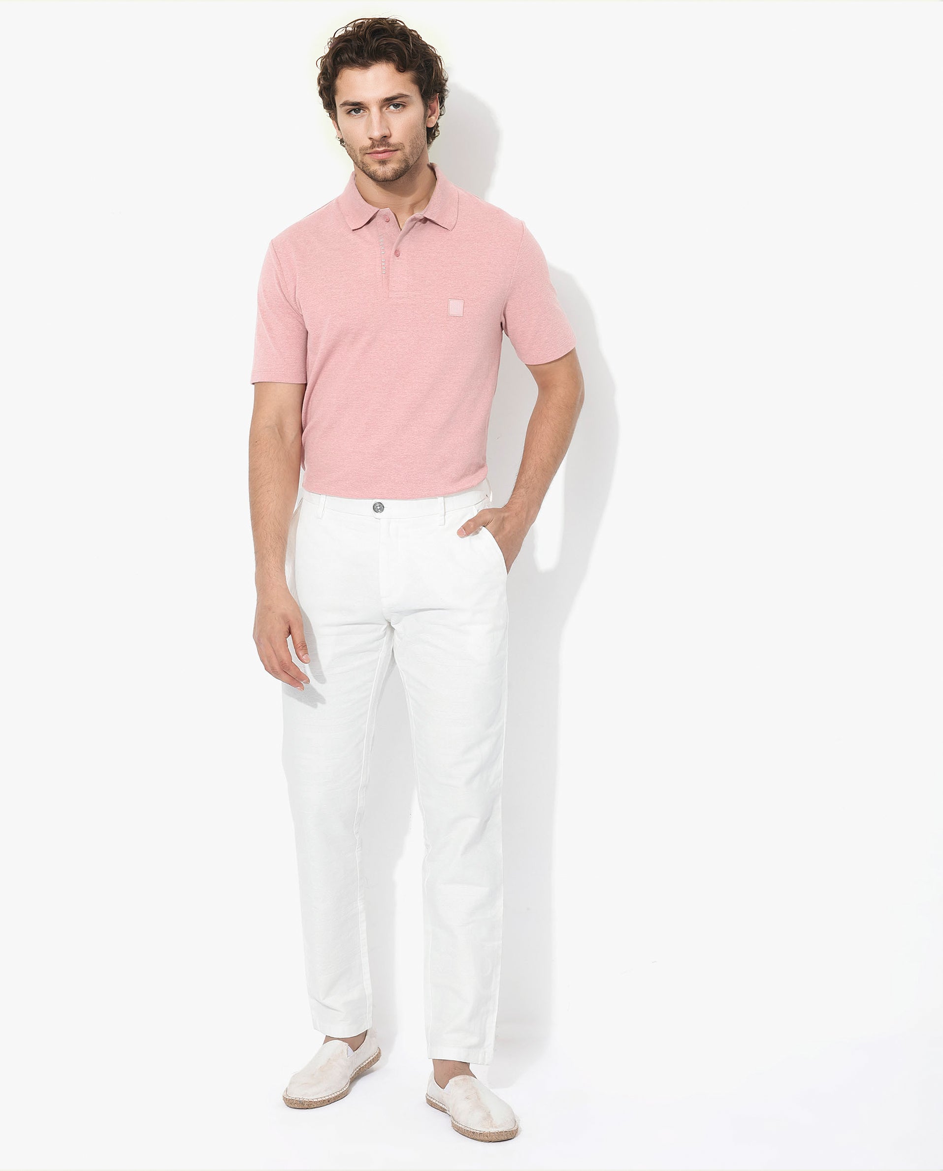 Rare Rabbit Men's Gamor Dusky Pink Cotton Poly Fabric Short Sleeves Collared Neck Solid Color Knit Polo