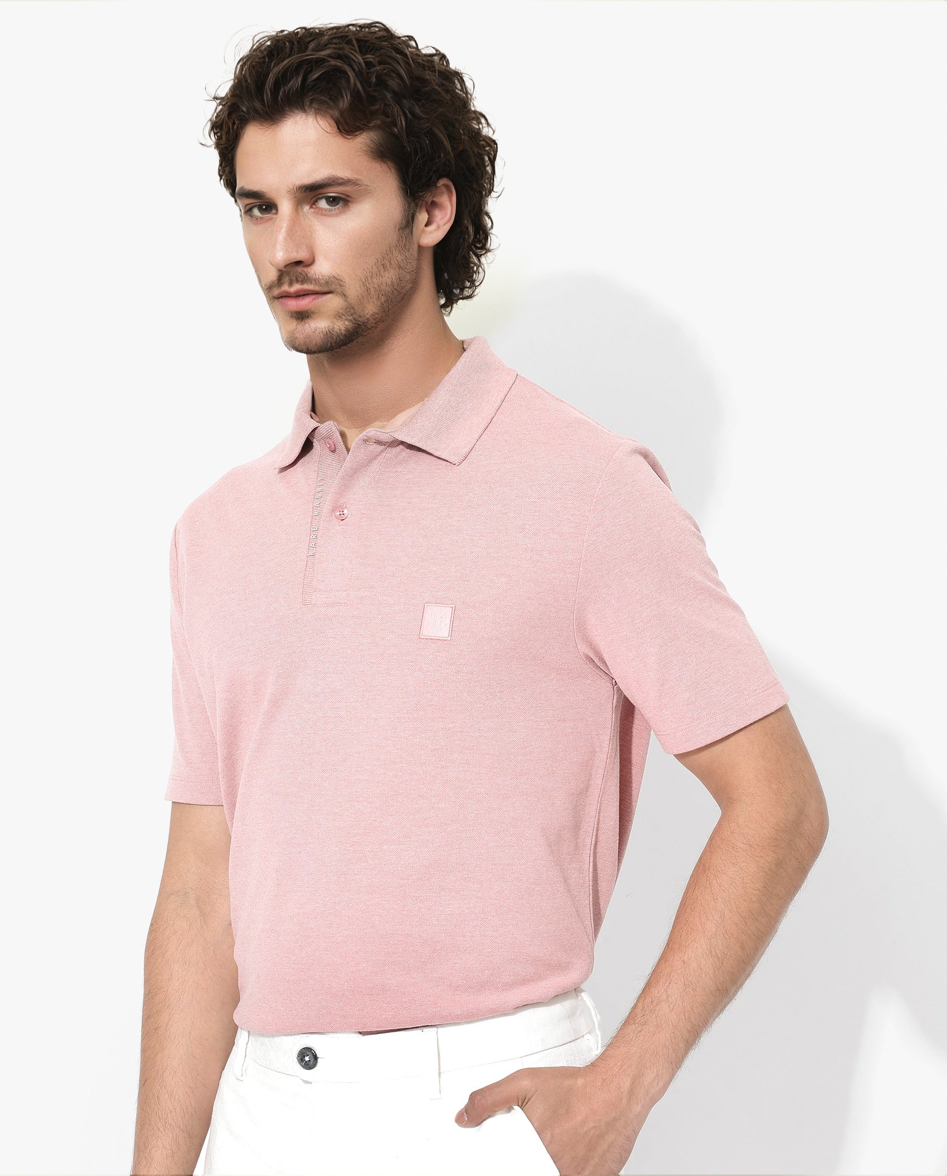 Rare Rabbit Men's Gamor Dusky Pink Cotton Poly Fabric Short Sleeves Collared Neck Solid Color Knit Polo