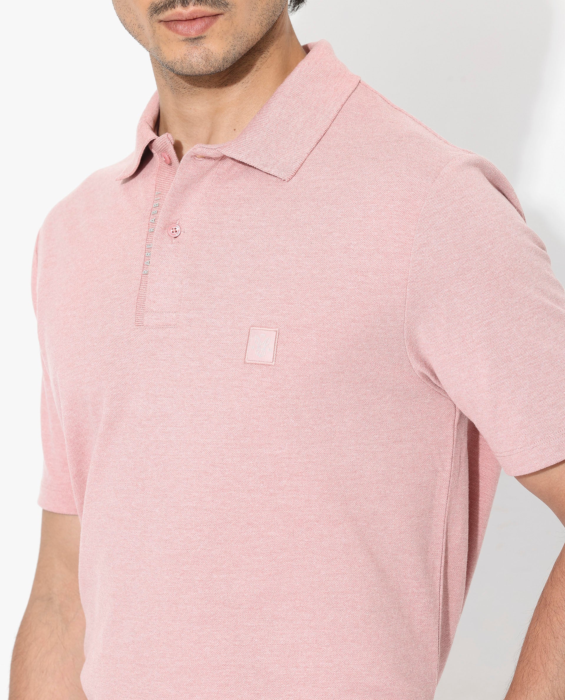 Rare Rabbit Men's Gamor Dusky Pink Cotton Poly Fabric Short Sleeves Collared Neck Solid Color Knit Polo