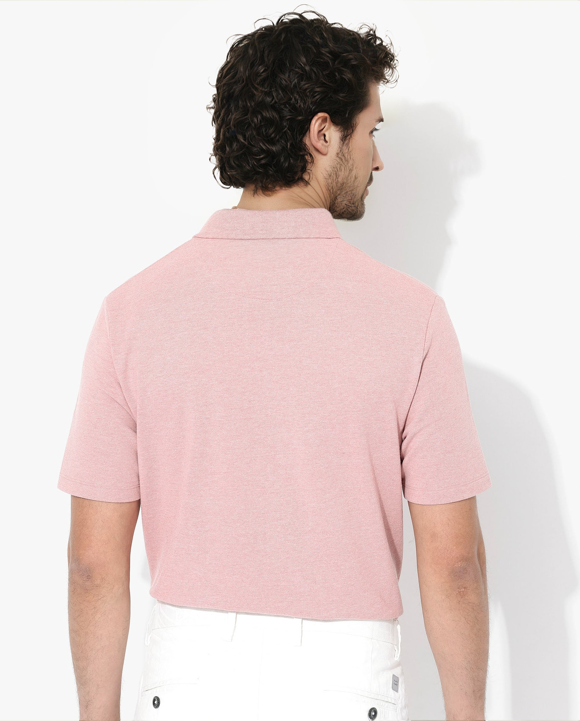 Rare Rabbit Men's Gamor Dusky Pink Cotton Poly Fabric Short Sleeves Collared Neck Solid Color Knit Polo