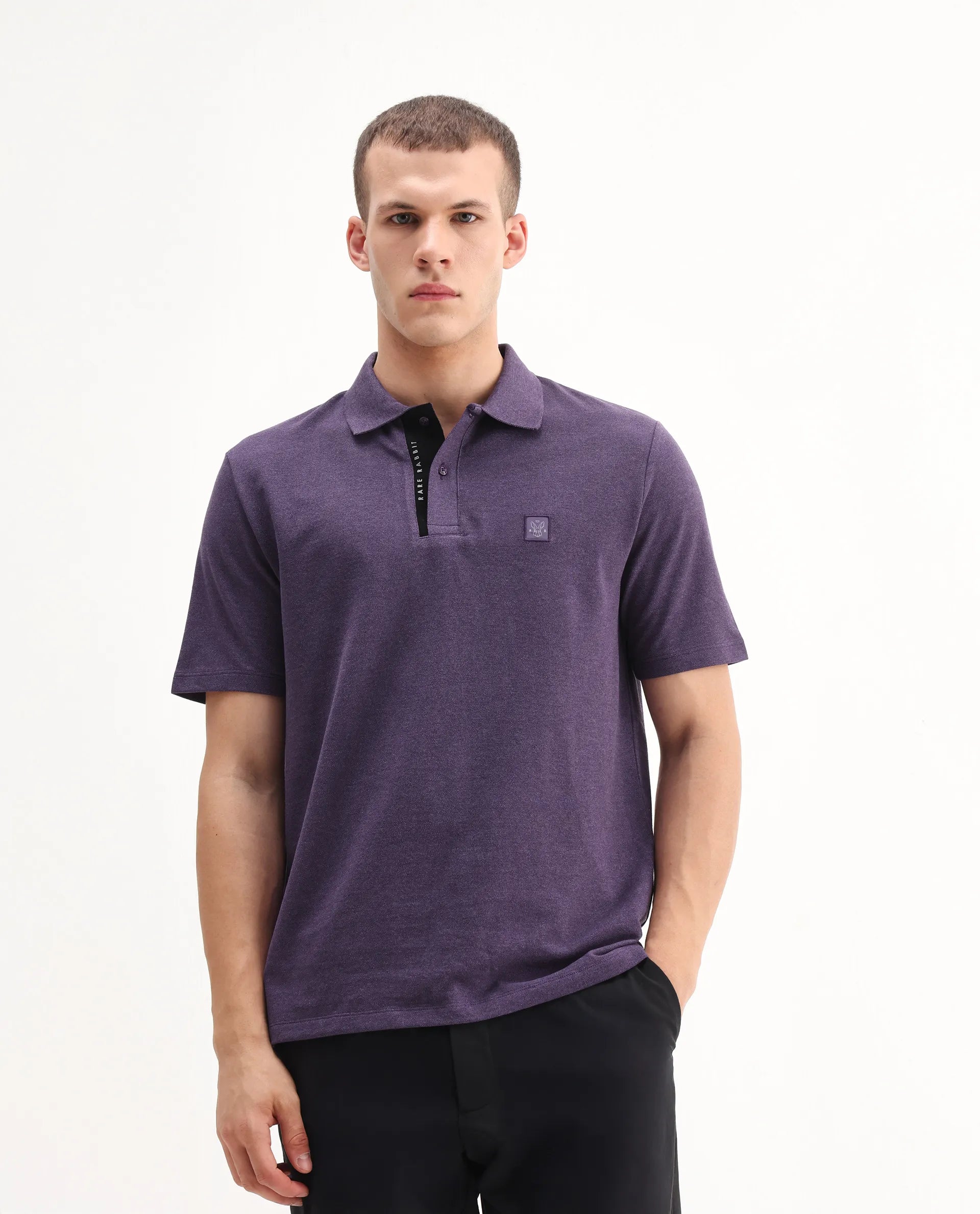 Rare Rabbit Men's Gamor Purple Cotton Blend Plain Regular Fit Half Sleeve Polo