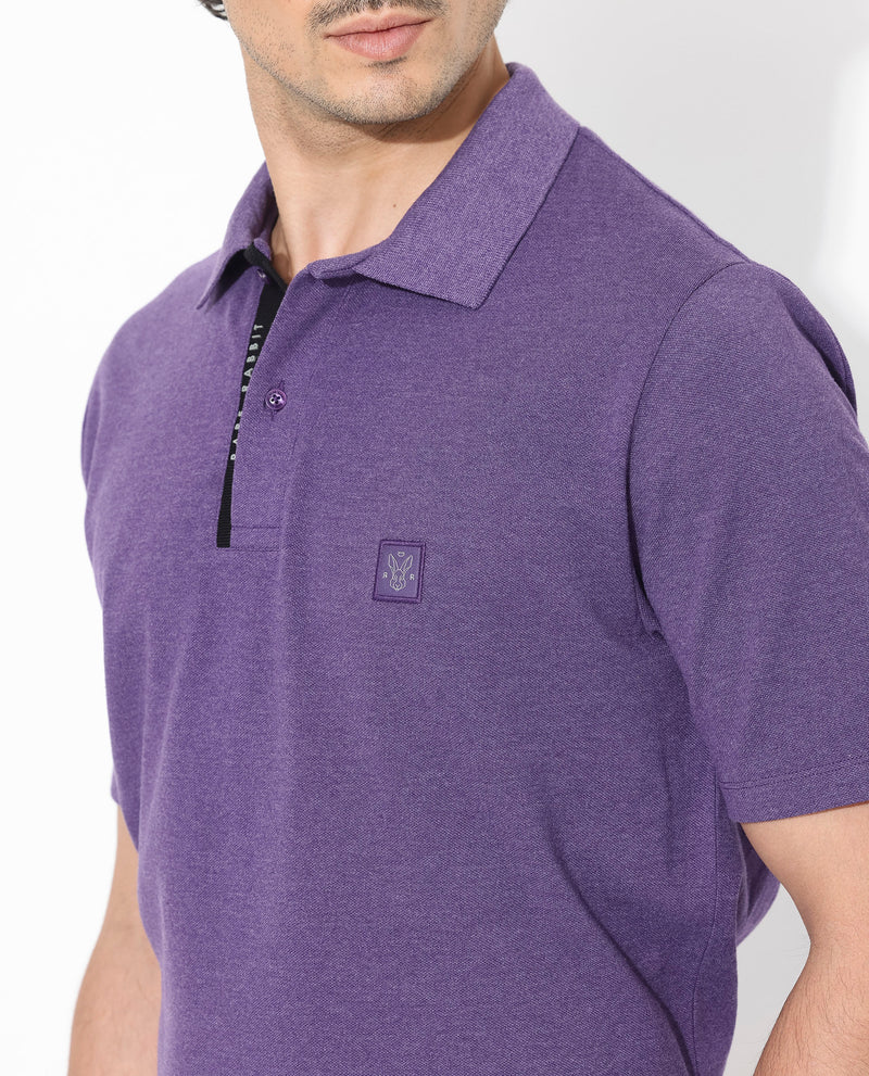 Rare Rabbit Men's Gamor Purple Cotton Poly Fabric Short Sleeves Collared Neck With Contrasting Placket Solid Color Knit Polo