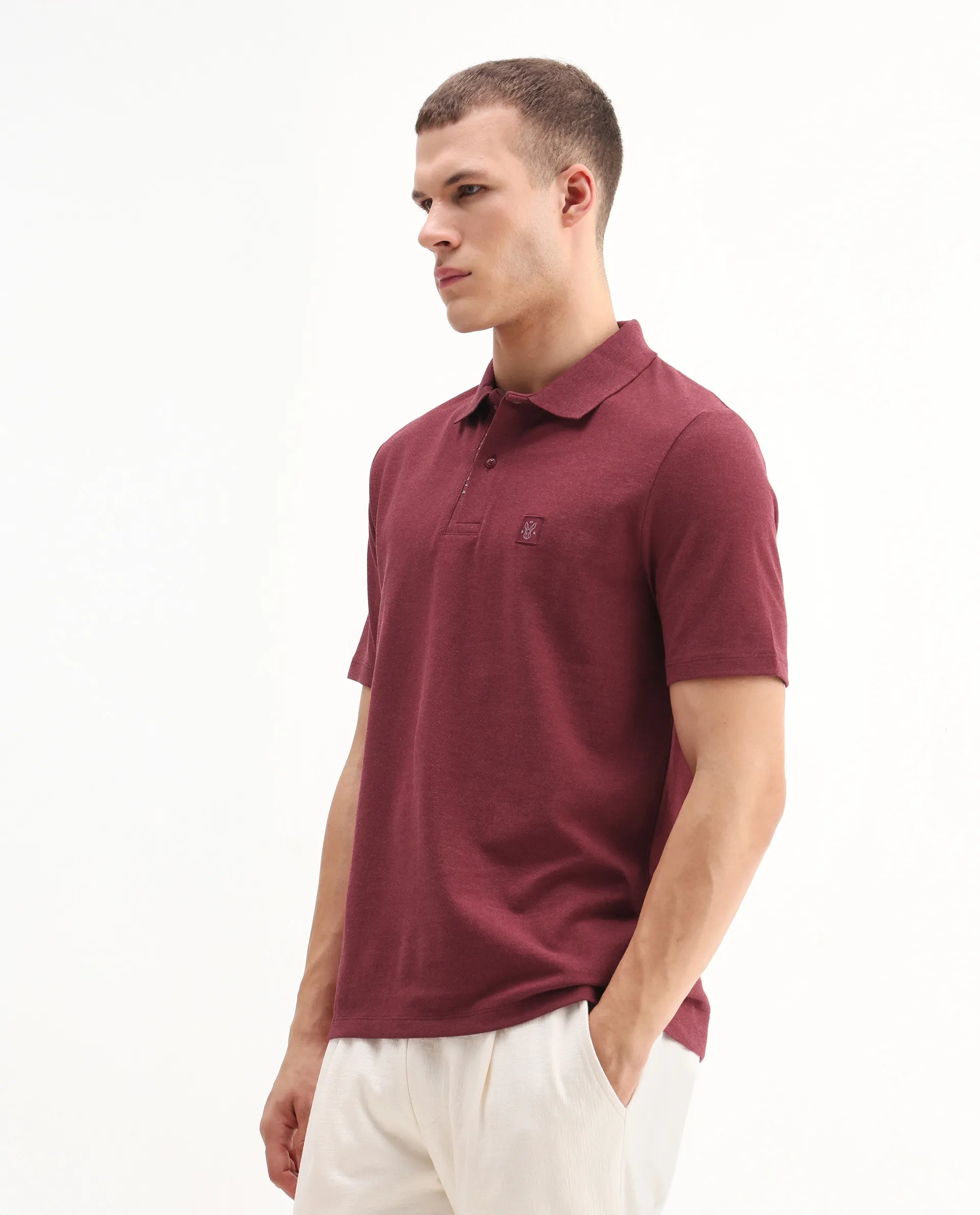 Rare Rabbit Men's Gamor Red Cotton Blend Plain Regular Fit Half Sleeve Polo