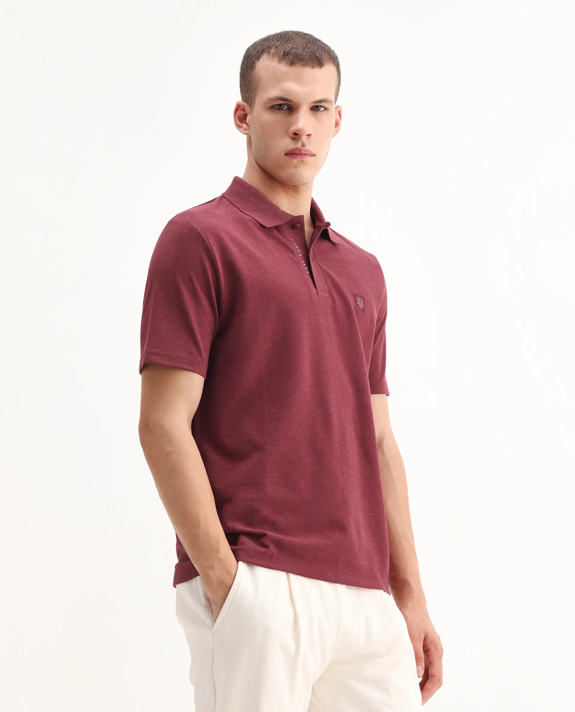 Rare Rabbit Men's Gamor Red Cotton Blend Plain Regular Fit Half Sleeve Polo