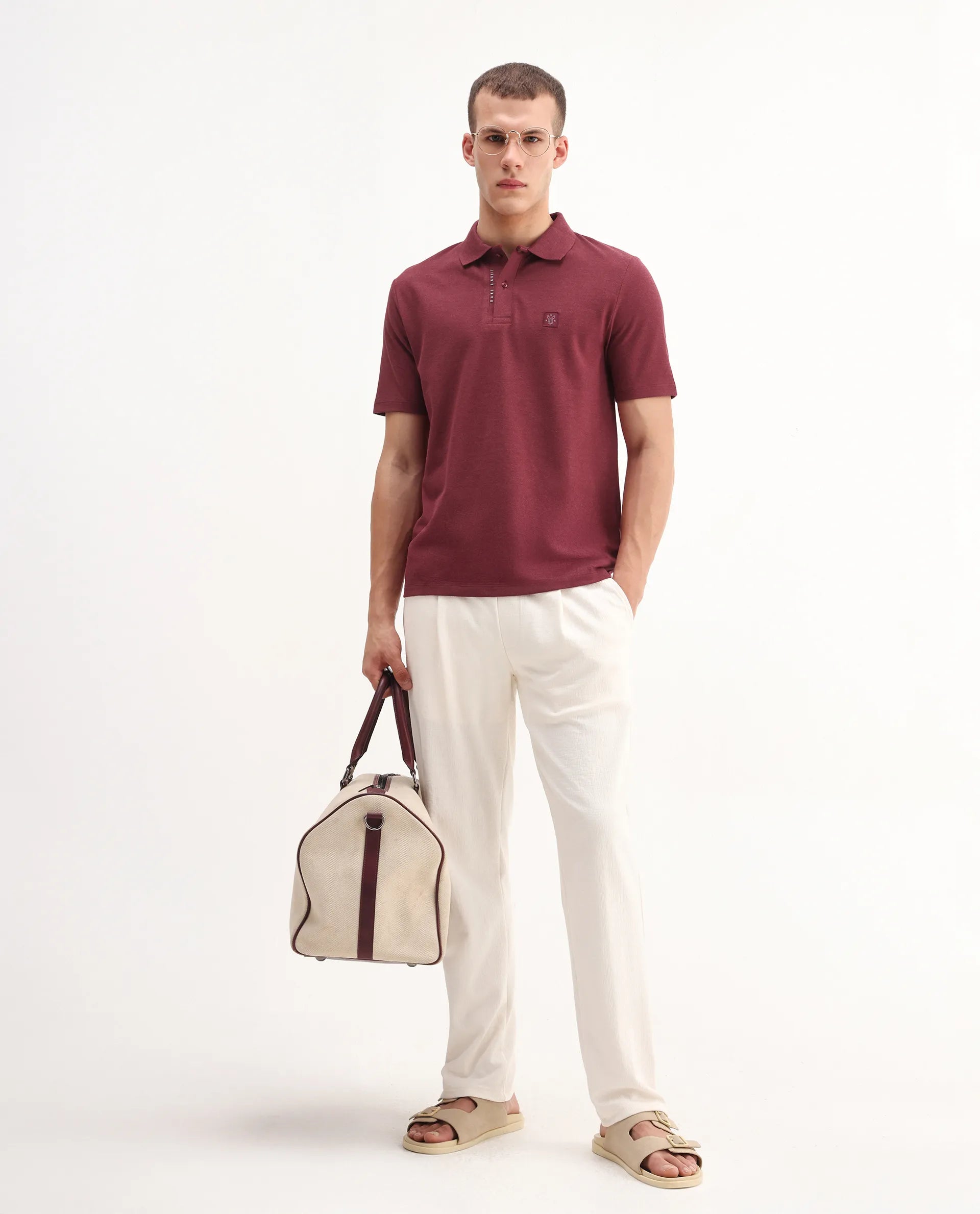 Rare Rabbit Men's Gamor Red Cotton Blend Plain Regular Fit Half Sleeve Polo